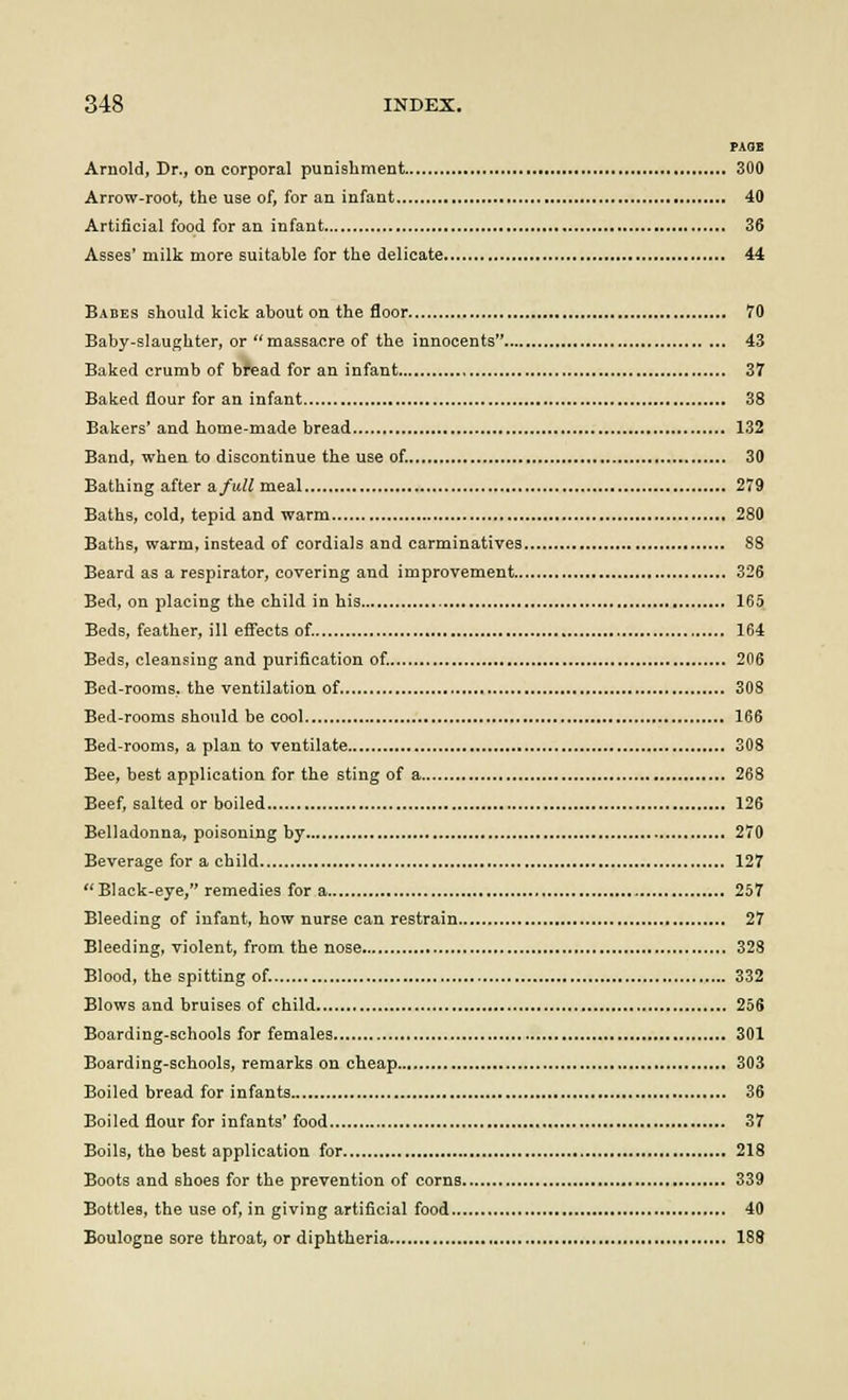 PAQE Arnold, Dr., on corporal punishment 300 Arrow-root, the use of, for an infant 40 Artificial food for an infant 36 Asses' milk more suitable for the delicate 44 Babes should kick about on the floor 70 Baby-slaughter, or massacre of the innocents 43 Baked crumb of bread for an infant 37 Baked flour for an infant 38 Bakers' and home-made bread 132 Band, when to discontinue the use of. 30 Bathing after a. full meal 279 Baths, cold, tepid and warm 280 Baths, warm, instead of cordials and carminatives S8 Beard as a respirator, covering and improvement 326 Bed, on placing the child in his 165 Beds, feather, ill effects of. , 164 Beds, cleansing and purification of. 206 Bed-rooms, the ventilation of 308 Bed-rooms should be cool 166 Bed-rooms, apian to ventilate 308 Bee, best application for the sting of a 268 Beef, salted or boiled 126 Belladonna, poisoning by 270 Beverage for a child 127 Black-eye, remedies for a 257 Bleeding of infant, how nurse can restrain 27 Bleeding, violent, from the nose 328 Blood, the spitting of. 332 Blows and bruises of child 256 Boarding-schools for females 301 Boarding-schools, remarks on cheap 303 Boiled bread for infants 36 Boiled flour for infants' food 37 Boils, the best application for 218 Boots and shoes for the prevention of corns 339 Bottles, the use of, in giving artificial food 40 Boulogne sore throat, or diphtheria 188