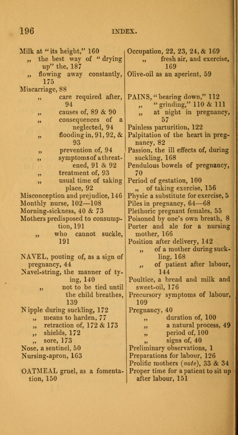 Milk at its height, 160 „ the best way of  drying up the, 187 ,, flowing: awav constantly, 175 Miscarriage, 88 ,, care required after, 94 „ causes of, 89 & 90 „ consequences of a neglected, 94 „ flooding in, 91,92, & 93 „ prevention of, 94 ,, symptomsof a threat - ened, 91 & 92 „ treatment of, 93 ,, usual time of taking place, 92 Misconception and prejudice, 146 Monthly nurse, 102—108 Morning-sickness, 40 & 73 Mothers predisposed to consump- tion, 191 ,, who cannot suckle, 191 NAVEL, pouting of, as a sign of pregnancy, 44 Navel-string, the manner of ty- ing, 140 „ not to be tied until the child breathes, 139 Nipple during suckling, 172 „ means to harden, 77 „ retraction of, 172 & 173 ,, shields, 172 „ sore, 173 Nose, a sentinel, 50 Nursing-apron, 163 OATMEAL gruel, as a fomenta- tion, 150 Occupation, 22, 23, 24, & 169 ,, fresh air, and exercise, 169 Olive-oil as an aperient, 59 PAINS, bearing down, 112 „ grinding, 110 & 111 „ at night in pregnancy, 57 Painless parturition, 122 Palpitation of the heart in preg- nancy, 82 Passion, the ill effects of, during suckling, 168 Pendulous bowels of pregnancv, 70 Period of gestation, 100 „ of taking exercise, 156 Physic a substitute for exercise, 5 Piles in pregnancy, 64—68 Plethoric pregnant females, 55 Poisoned by one's own breath, 8 Porter and ale for a nursing mother, 166 Position after delivery, 142 „ of a mother during suck- ling, 168 „ of patient after labour, 144 Poultice, a bread and milk and sweet-oil, 176 Precursory svmptoms of labour, 109 Pregnancy, 40 „ duration of, 100 „ a natural process, 49 „ period of, 100 „ signs of, 40 Preliminary observations, 1 Preparations for labour, 126 Prolific mothers {note), 33 & 34 Proper time for a patient to sit up after labour, 151