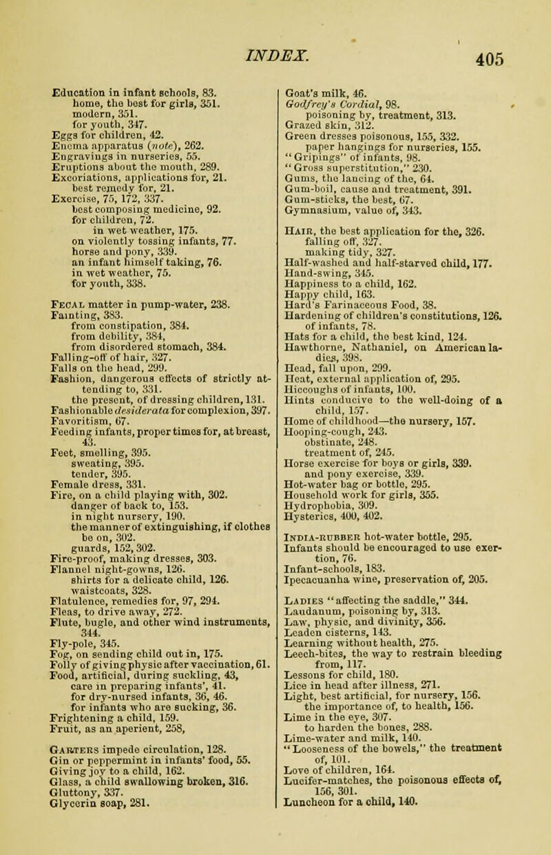 Education in infant schools, 83. home, the best for girls, 351. modern, 351. for youth, 347. Eggs for children, 42. Enema apparatus (vote), 262. Engravings in nurseries, 55. Eruptions about the mouth, 289. Excoriations, applications for, 21. best remedy for, 21. Exercise, 75, 172, 337. best composing medicine, 92. for children, 72. in wet weather, 175. on violently tossing infants, 77. horBe and pony, 339. an infant himself taking, 76. in wet weather, 75. for youth, 338. Fecal matter in pump-water, 238. Fainting, 383. from constipation, 384. from debility, 384, from disordered stomach, 384. Falling-offof hair, 327. Falls on the head, 299. Fashion, dangerous effocts of strictly at- tending to, 331. the present, of dressing children, 131. Fashionable desiderata for complexion, 397. Favoritism, 67. Feeding infants, proper times for, at breast, 43. Feet, smelling, 395. sweating, 395. tender, 395. Female dress, 331. Fire, on a child playing with, 302. danger of back to, 153. in night nursery, 190. the manner of extinguishing, if clothes be on, 302. guards, 152, 302. Fire-proof, making dresses, 303. Flannel night-gowns, 126. shirts for a delicate child, 126. waistcoats, 328. Flatulence, remedies for, 97, 294. Fleas, to drive away, 272. Flute, bugle, and other wind instruments, 344. Fly-pole, 345. Fog, on sending child out in, 175. Folly of giving phj'sie after vaccination, 61. Food, artificial, during suckling, 43, care in preparing infants', 41. for dry-nursed infants, 36, 46. for infants who are sucking, 36. Frightening a child, 159. Fruit, as an aperient, 258, Garters impede circulation, 128. Gin or peppermint in infants' food, 55. Giving joy to a child, 162. Glass, a child swallowing broken, 316. Gluttony, 337. Glycerin Boap, 281. Goat's milk, 46. Godfrey's Cordial, 98. poisoning by, treatment, 313. Grazed skin, 312. Green dresses poisonous, 155, 332. paper hangings for nurseries, 155. Gripings of infants, 98. Gross superstitution, 230. Gums, the lancing of the, 64. Gum-boil, cause and treatment, 391. Gum-sticks, the best, 67. Gymnasium, value of, 343. Hair, the best application for the, 326. falling off, 327- making tidy, 327. Half-washed and half-starved child, 177. Hand-swing, 345. Happiness to a child, 162. Happy child, 163. Hard's Farinaceous Food, 38. Hardening of children's constitutions, 126. of infants, 78. Hats for a child, the best kind, 124. Hawthorne, Nathaniel, on American la- dies, 398. Head, fall upon, 299. Heat, external application of, 295. Hiccoughs of infants, 100. Hints conducive to the well-doing of a child, 157. Homo of childhood—the nursery, 157. Hooping-cough, 243. obstinate, 248. treatment of, 245. Horse exercise for boys or girls, 339. and pony exercise, 339. Hot-water bag or bottle, 295. Household work for girls, 355. Hydrophobia, 309. Hysterics, 400, 402. India-rubber hot-water bottle, 295. Infants should be encouraged to use exer- tion, 76. Infant-schools, 183. Ipecacuanha wine, preservation of, 205. Ladies  affecting the saddle, 344. Laudanum, poisoning by, 313. Law, physic, and divinity, 356. Leaden cisterns, 143. Learning without health, 275. Leech-bites, the way to restrain bleeding from, 117- Lessons for child, 180. Lice in head after illness, 271. Light, best artificial, for nursery, 156. the importance of, to health, 156. Lime in the eye, 307- to harden*the bones, 288. Lime-water and milk, 140. Looseness of the bowels, the treatment of, 101. Love of children, 164. Lucifer-matches, the poisonous effects of, 156, 301. Luncheon for a child, 140.