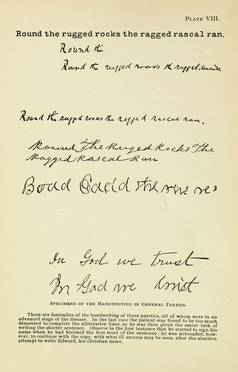 Plate VIII. Round the rugged rocks the ragged rascal ran. l\&St*t. (( /£T /Ut.tp.'t IU*-<CJ /&>. \jlfU. 4 A, ■W CAA. 1^CL~ry fa&xA-cl QoLCld rfr^/YWot Specimens of the Handwriting in General Paresis. These are facsimiles of the handwriting of three paretics, all of whom were in an advanced stage of the disease. In the last case the patient was found to be too much demented to complete the alliterative lines, so he was then given the easier task of writing the shorter sentence. Observe in the first instance that he started to sign his name when he had finished the first word of the sentence; he was persuaded how ever, to continue with the copy, with what ill success may be seen, alter the abortive attempt to write Edward, his christian name,