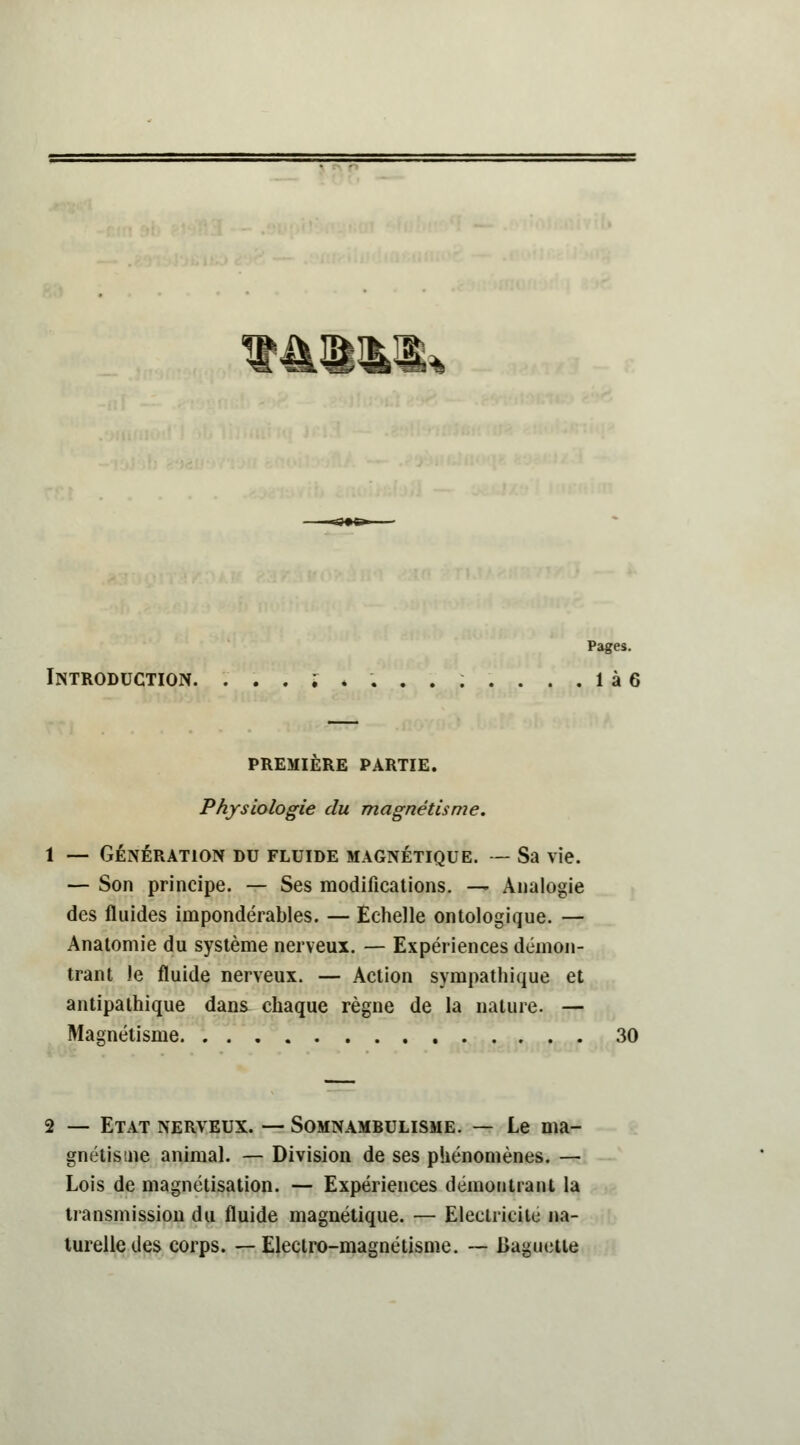 14111 * Pages. Introduction. ...;....;.... 1 à 6 PREMIERE PARTIE. Physiologie du magnétisme. — GÉNÉRATION DU FLUIDE MAGNÉTIQUE. — Sa vie. — Son principe. — Ses modifications. — Analogie des fluides impondérables. — Echelle ontologique. — Anatomie du système nerveux. — Expériences démon- trant le fluide nerveux. — Action sympathique et antipathique dans chaque règne de la nature. — Magnétisme 30 2 — Etat nerveux. — Somnambulisme. — Le ma- gnétisme animal. — Division de ses phénomènes. — Lois de magnétisation. — Expériences démontrant la transmission du fluide magnétique. — Electricité na- turelle des corps. —Electro-magnétisme. — Baguette