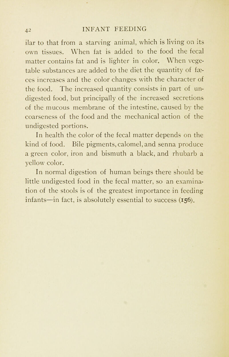 ilar to that from a starving animal, which is living on its own tissues. When fat is added to the food the fecal matter contains fat and is lighter in color. When vege- table substances are added to the diet the quantity of fe- ces increases and the color changes with the character of the food. The increased quantity consists in part of un- digested food, but principally of the increased secretions of the mucous membrane of the intestine, caused by the coarseness of the food and the mechanical action of the undigested portions. In health the color of the fecal matter depends on the kind of food. Bile pigments, calomel, and senna produce a green color, iron and bismuth a black, and rhubarb a yellow color. In normal digestion of human beings there should be little undigested food in the fecal matter, so an examina- tion of the stools is of the greatest importance in feeding infants—in fact, is absolutely essential to success (156).