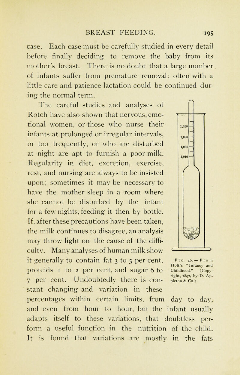 r \ case. Each case must be carefully studied in every detail before finally deciding to remove the baby from its mother's breast. There is no doubt that a large number of infants suffer from premature removal; often with a little care and patience lactation could be continued dur- ing the normal term. The careful studies and analyses of Rotch have also shown that nervous, emo- tional women, or those who nurse their infants at prolonged or irregular intervals, or too frequently, or who are disturbed at night are apt to furnish a poor milk. Regularity in diet, excretion, exercise, rest, and nursing are always to be insisted upon; sometimes it may be necessary to have the mother sleep in a room where she cannot be disturbed by the infant for a few nights, feeding it then by bottle. If, after these precautions have been taken, the milk continues to disagree, an analysis may throw light on the cause of the diffi- culty. Many analyses of human milk show it generally to contain fat 3 to 5 per cent, proteids 1 to 2 per cent, and sugar 6 to 7 per cent. Undoubtedly there is con- stant changing and variation in these percentages within certain limits, from day to day, and even from hour to hour, but the infant usually adapts itself to these variations, that doubtless per- form a useful function in the nutrition of the child. It is found that variations are mostly in the fats Fig. 46. — From Holt's Infancy and Childhood. (Copy- right, 1897, by D. Ap- pleton & Co.)