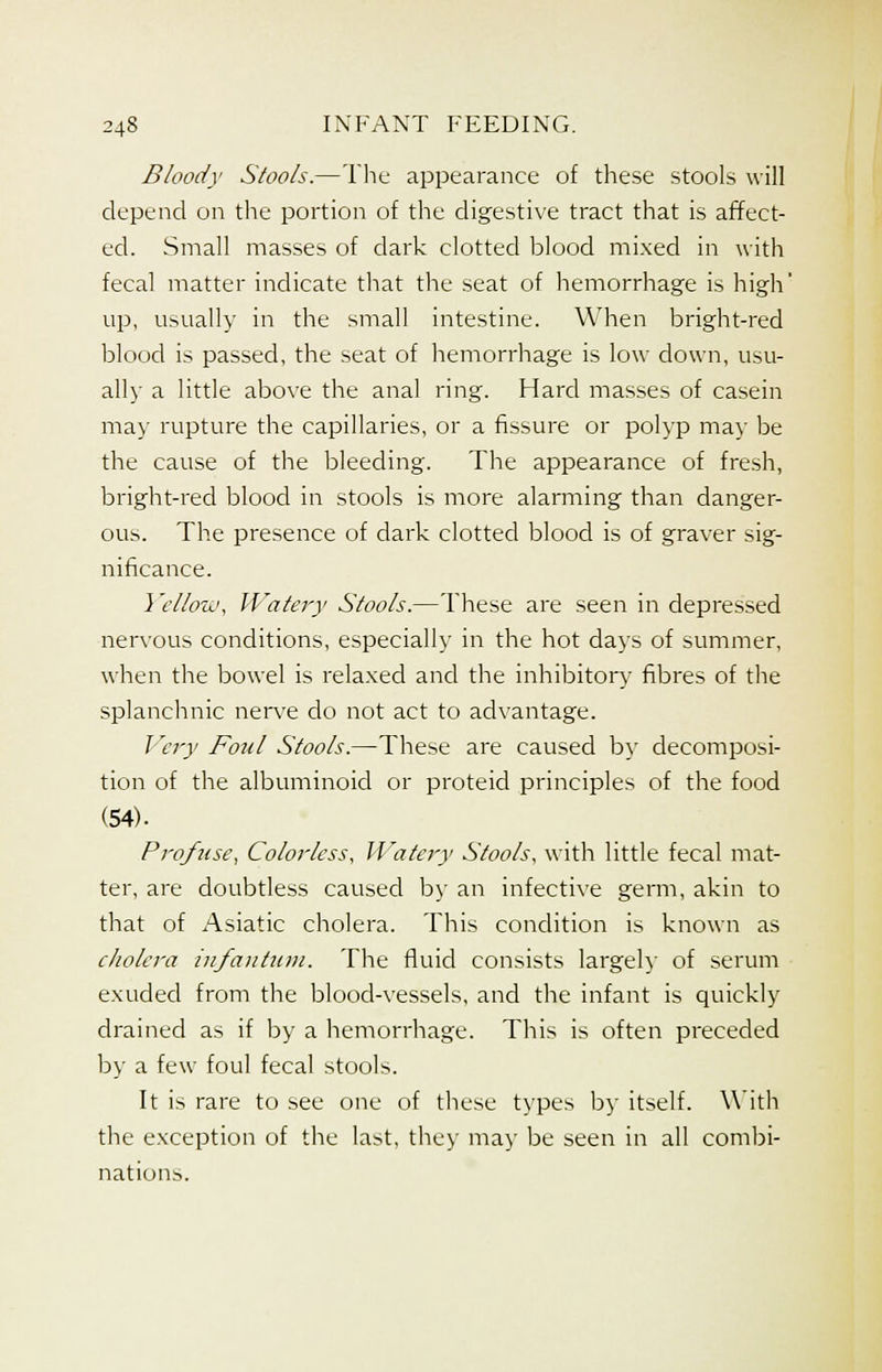 Bloody Stools.—The appearance of these stools will depend on the portion of the digestive tract that is affect- ed. Small masses of dark clotted blood mixed in with fecal matter indicate that the seat of hemorrhage is high' up, usually in the small intestine. When bright-red blood is passed, the seat of hemorrhage is low down, usu- ally a little above the anal ring. Hard masses of casein ma}- rupture the capillaries, or a fissure or polyp may be the cause of the bleeding. The appearance of fresh, bright-red blood in stools is more alarming than danger- ous. The presence of dark clotted blood is of graver sig- nificance. i 'cllow, Watery Stools.—These are seen in depressed nervous conditions, especially in the hot days of summer, when the bowel is relaxed and the inhibitor)- fibres of the splanchnic nerve do not act to advantage. J 'cry Foul Stools.—These are caused by decomposi- tion of the albuminoid or proteid principles of the food (54). Profuse, Colorless, Watery Stools, with little fecal mat- ter, are doubtless caused by an infective germ, akin to that of Asiatic cholera. This condition is known as cholera infantum. The fluid consists largely of serum exuded from the blood-vessels, and the infant is quickly drained as if by a hemorrhage. This is often preceded by a few foul fecal stools. It is rare to see one of these types by itself. With the exception of the last, they may be seen in all combi- nations.