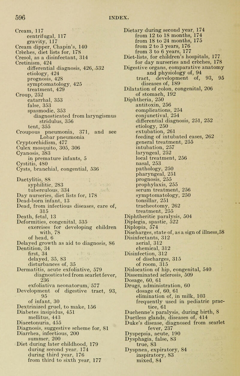 Cream, 117 centrifugal, 117 gravity, 117 Cream dipper, Chapin's, 140 Creches, diet lists for, 178 Cresol, as a disinfectant, 314 Cretinism, 424 differential diagnosis, 426, 532 etiology, 424 prognosis, 428 symptomatology, 425 treatment, 429 Croup, 252 catarrhal, 353 false, 353 spasmodic, 353 diagnosticated from laryngismus stridulus, 356 tent, 355 Croupous pneumonia, 371, and see Lobar pneumonia Cryptorchidism, 477 Culex mosquito, 305, 306 Cyanosis, 383 in premature infants, 5 Cystitis, 480 Cysts, branchial, congential, 536 Dactylitis, 88 syphilitic, 283 tuberculous, 334 Day nurseries, diet lists for, 178 Dead-born infant, 13 Dead, from infectious diseases, care of, 315 Death, fetal, 13 Deformities, congenital, 535 exercises for developing children with, 78 of head, 6 Delayed growth as aid to diagnosis, 86 Dentition, 34 first, 34 delayed, 35, S3 disturbances of, 35 Dermatitis, acute exfoliative, 579 diagnosticated from scarlet fever, 236 exfoliativa neonatorum, 577 Development of digestive tract, 93, 95 of infant, 30 Dextrinized gruel, to make, 156 Diabetes insipidus, 451 mellitus, 443 Diacetonuria, 455 Diagnosis, suggestive scheme for, 81 Diarrhea, infectious, 200 summer, 200 Diet during later childhood, 179 during second year. 174 during third year, 176 from third to sixth year, 177 Dietary during second year. 174 from 12 to 18 months, 174 from 18 to 24 months, 175 from 2 to 3 years, 176 from 3 to 6 years, 177 Diet-lists, for children's hospitals, 177 for day nurseries and creches, 178 Digestive organs, comparative anatomy and physiology of, 94 tract, development of, 93, 95 diseases of, 189 Dilatation of colon, congenital, 206 of stomach, 192 Diphtheria, 250 antitoxin, 256 complications, 254 conjunctival, 254 differential diagnosis, 251, 252 etiology, 250 extubation, 261 feeding of intubated cases, 262 general treatment, 255 intubation, 257 laryngeal, 252 local treatment, 256 nasal, 253 pathology, 250 pharyngeal, 251 prognosis, 255 prophylaxis, 255 serum treatment, 256 symptomatology, 250 tonsillar, 251 tracheotomy, 262 treatment, 255 Diphtheritic paralysis, 504 Diplegia, spastic, 522 Diplopia, 574 Discharges, state of, as a sign of illness,58 Disinfectants, 312 aerial, 312 chemical, 312 Disinfection, 312 of discharges, 315 of room, 315 Dislocation of hip, congenital, 540 Disseminated sclerosis, 509 Dosage, 60, 61 Drugs, administration, 60 dosage of, 60, 61 elimination of, in milk, 103 frequently used in pediatric prac- tice, 61 Duchenne's paralysis, during birth, 8 Ductless glands, diseases of, 414 Duke's disease, diagnosed from scarlet fever, 237 Dyspepsia, acute, 190 Dysphagia, false, 83 true, 83 Dyspnea, expiratory, 84 inspiratory, 83 mixed, 84