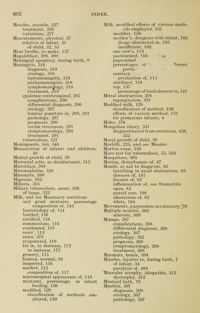 Measles, sequels, 227 treatment, 229 variations, 227 Measurements, physical, 37 relative of infant, 31 of child, 32, 33 Meat broths, to make, 157 Megaloblast, 398, 399 Meningeal apoplexy, during birth, 9 Meningitis, 518 diagnosis, 519 etiology, 518 leptomeningitis, 518 pachymeningitis, 518 symptomatology, 518 treatment, 519 epidemic cerebrospinal, 2S7 complications, 290 differential diagnosis, 290 etiology, 287 lumbar puncture in, 289, 292 pathology, 287 prognosis, 290 serum treatment, 291 symptomatology, 288 treatment, 291 tuberculous, 327 Meningocele, 544. 546 Mensuration of infants and children, 48 Mental growth of child, 39 Mercurial salts, as disinfectants, 313 Microblast, 398 Microcephalus, 528 Microcyte, 399 Migraine, 493 Miliaria, 585 Miliary tuberculosis, acute, 326 of lungs, 322 Milk, and see Mammary secretions and gruel mixtures, percentage composition of, 143 bacteriology of, 114 bottled, 116 certified, 116 commissions, 116 condensed, 119 cows', 113 crust, 578 evaporated, 119 fat in, to decrease, 172 to increase, 172 grocery, 115 human, normal, 94 inspected, 116 market, 115 composition of, 117 microscopical appearance of, 118 mixtures, percentage, in infant feeding, 136 modified, 129 classification of methods em- ployed, 130 Milk, modified effects of various meth- ods employed, 131 modifier, 150 mother's, disagrees with infant, 103 drugs eliminated in, 103 insufficient, 102 one cow's, 113 pasteurized. 116 v-e peptonized percentages ot' Terent portir  sanitary, production of, 115 sterilized, 116 top, 137 percentage of food element in, 141 Mitral obstruction, 391 regurgitation, 391 Modified milk, 129 classification of method, 130 effects of various method, 131 for premature infants, 4 Moles, 576 Mongolian idiocy, 531 diagnosticated from cretinism, 426, 532 Moral growth of child, 39 Morbilli, 225, and see Measles Morbus coxae, 336 Moro test for tuberculosis, 55, 324 Mosquitoes, 305 Motion, disturbances of, 87 Mouth, as aid to diagnosis, 82 breathing in nasal obstruction, 83 diseases of, 181 fissures of, 82 inflammation of, see Stomatitis open, 82 putrid sore, 186 ulcerations of, 82 white, 184 Movements, purposeless involuntary,'SS Multiple neuritis, 503 sclerosis, 509 Mumps, 267 complications, 268 differential diagnosis, 268 etiology, 267 pathology, 267 prognosis, 268 symptomatology, 268 treatment, 268 Murmurs, hemic, 394 Muscles, injuries to, during birth, 7 of infant, 34 paralysis of, 484 Muscular atrophy, idiopathic, 512 dystrophy, 5l2 Mustard bath, 70 Myelitis, 507 diagnosis, 509 etiology, 507 pathology, 507