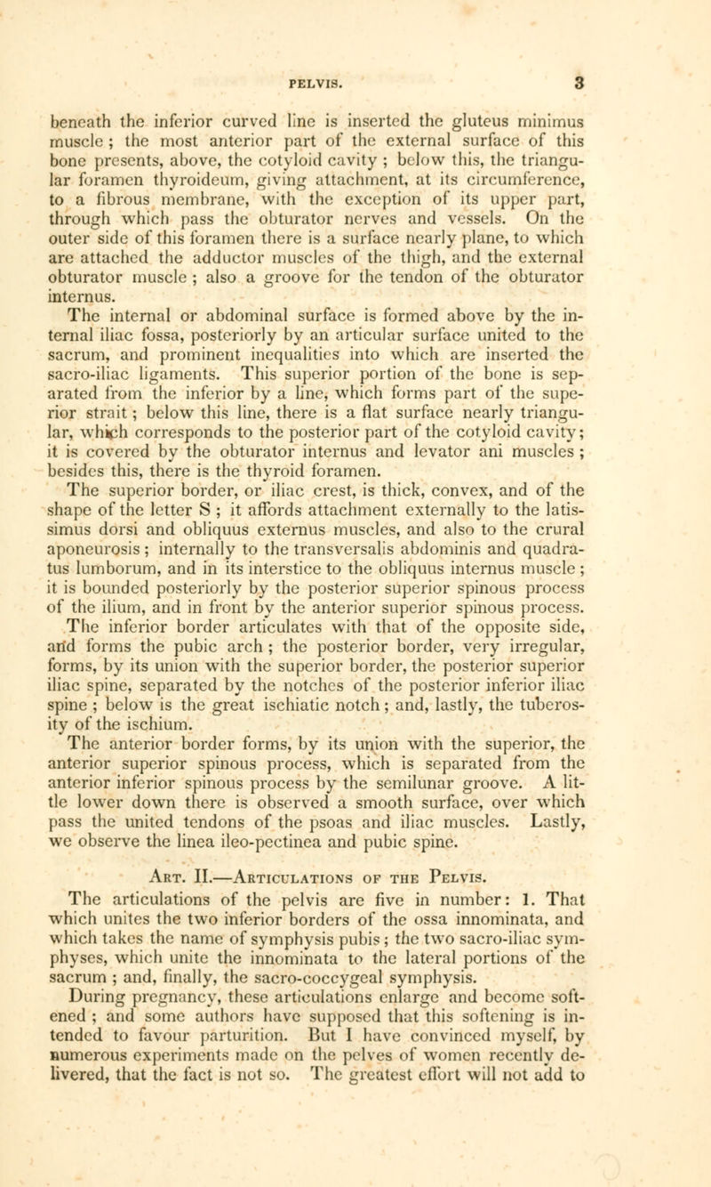 beneath the inferior curved line is inserted the gluteus minimus muscle ; the most anterior part of the external surface of this bone presents, above, the cotyloid cavity ; below this, the triangu- lar foramen thyroideum, giving attachment, at its circumference, to a fibrous membrane, with the exception of its upper part, through which pass the obturator nerves and vessels. On the outer side of this foramen there is a surface nearly plane, to which are attached the adductor muscles of the thigh, and the external obturator muscle ; also a groove for the tendon of the obturator internus. The internal or abdominal surface is formed above by the in- ternal iliac fossa, posteriorly by an articular surface united to the sacrum, and prominent inequalities into which are inserted the sacro-iliac ligaments. This superior portion of the bone is sep- arated from the inferior by a line, which forms part of the supe- rior strait ; below this line, there is a flat surface nearly triangu- lar, which corresponds to the posterior part of the cotyloid cavity; it is covered by the obturator internus and levator ani muscles ; besides this, there is the thyroid foramen. The superior border, or iliac crest, is thick, convex, and of the shape of the letter S ; it affords attachment externally to the latis- simus dorsi and obliquus externus muscles, and also to the crural aponeurosis ; internally to the transversals abdominis and quadra- tus lumborum, and in its interstice to the obliquus internus muscle ; it is bounded posteriorly by the posterior superior spinous process of the ilium, and in front by the anterior superior spinous process. The inferior border articulates with that of the opposite side, and forms the pubic arch ; the posterior border, very irregular, forms, by its union with the superior border, the posterior superior iliac spine, separated by the notches of the posterior inferior iliac spine ; below is the great ischiatic notch ; and, lastly, the tuberos- ity of the ischium. The anterior border forms, by its union with the superior, the anterior superior spinous process, which is separated from the anterior inferior spinous process by the semilunar groove. A lit- tle lower down there is observed a smooth surface, over which pass the united tendons of the psoas and iliac muscles. Lastly, we observe the linea ileo-pectinea and pubic spine. Art. II.—Articulations of the Pelvis. The articulations of the pelvis are five in number: 1. That which unites the two inferior borders of the ossa innominata, and which takes the name of symphysis pubis ; the two sacro-iliac sym- physes, which unite the innominata to the lateral portions of the sacrum ; and, finally, the sacro-coccygeal symphysis. During pregnancy, these articulations enlarge and become soft- ened ; and some authors have supposed that this softening is in- tended to favour parturition. But I have convinced myself, by numerous experiments made on the pelves of women recently de- livered, that the fact is not so. The greatest effort will not add to