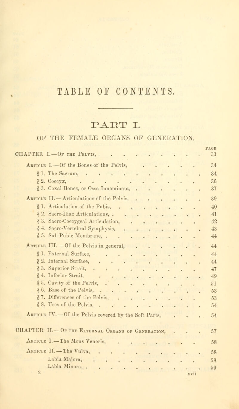 TABLE OF CONTENTS PAET I. OF THE FEMALE ORGANS OF GENERATION. PAGE CHAPTER L —Of the Pelvis, 33 Article I. — Of the Bones of the Pelvis, 34 I 1. The Sacrum, 34 I 2. Coccyx, 36 § 3. Coxal Bones, or Ossa Innominata, 37 Article II. — Articulations of the Pelvis, 39 g 1. Articulation of the Pubis, 40 § 2. Sacro-Iliac Articulations, 41 I 3. Sacro-Coccygeal Articulation, 42 $ 4. Sacro-Vertebral Symphysis, 43 I 5. Sub-Pubic Membrane, 44 Article III. —Of the Pelvis in general, 44 $ 1. External Surface, 44 g 2. Internal Surface, 44 I 3. Superior Strait, 47 § 4. Inferior Strait. 49 I 5. Cavity of the Pelvis, 51 I 0. Base of the Pelvis, 53 \ 7. Differences of the Pelvis, 53 I 8. Uses of the Pelvis, 54 Article IV. —Of the Pelvis covered by the Soft Parts, ... 54 CHAPTER II. —Of the External Organs of Generation, ... 57 Article I. — The Mons Veneris, 58 Article II. — The Vulva, 58 Labia Majora, 58 Labia Minora, .......... 59 xvn