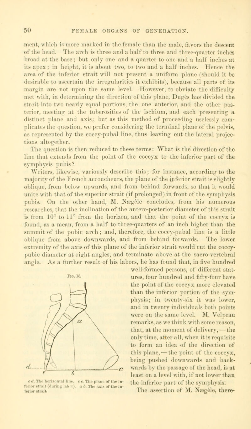 mcnt, which is more marked in the female than the male, favors the descent of the head. The arch is three and a half to three and three-quarter inches l»road at the base; but only one and a quarter to our and a half inches at its apex ; in height, it is about two, to two and a half inches. Hence the area of the inferior strait will not present a uniform plane (should it be desirable to ascertain the irregularities it exhibits), because all parts of its margin are not upon the Bame level. However, to obviate the difficulty met with, in determining the direction of this plane, Duges has divided the str::'n into two nearly equal portions, the one anterior, and the other pos- terior, meeting at the tuberosities of the ischium, and each presenting a distinct plane and axis: hut as this method of proceeding uselessly com- plicates the question, we prefer considering the terminal plane of the pelvis, as r< presented by the coccy-pubal line, thus leaving out the lateral projec- tion- altogether. The question is then reduced to these terms: What is the direction of the line that extends from the point of the coccyx to the inferior part of the symphysis pubis? Writers, likewise, variously describe this; for instance, according to the majority of the French accoucheurs, the plane of the inferior -trait i- slightly oblique, from below upwards, and from behind forward.-, so that it would unite with that of the superior strait (if prolonged) in front of the symphysis pubis. On the other hand, M. Na?gele concludes, from his numerous researches, that the inclination of the antero-posterior diameter of this strait is from 10° to 11° from the horizon, and that the point of the coccyx is found, as a mean, from a half to three-quarters of an inch higher than the summit of the pubic arch; and, therefore, the coccy-pubal line is a little oblique from above downwards, and from behind forwards. The lower extremity of the axis of this plane of the inferior strait would cut the coccy- pubic diameter at right angles, and terminate above at the sacro-vertebral angle. As a further result of his labors, he has found that, in live hundred well-formed persons, of different stat- ures, four hundred and fifty-four have the point of the coccyx more elevated than the inferior portion of the sym- physis; in twenty-six it was lower, and in twenty individuals both points were on the same level. -M. Yelpeau remarks, as we think with sonic n ason, that, at the moment of delivery, — the only time, after all, when it is requisite to form an idea of the direction of this plane, — the point of the COCCVX, being pushed downward- and back- Wards by the passage of the head, is at least on a level with, if not lower than ' The plane of the in t]u, inferior pact of the symphysis. a b The udi t the In- ,r. . . ' tnit lli«' assertion oi M. Nsegele, there-