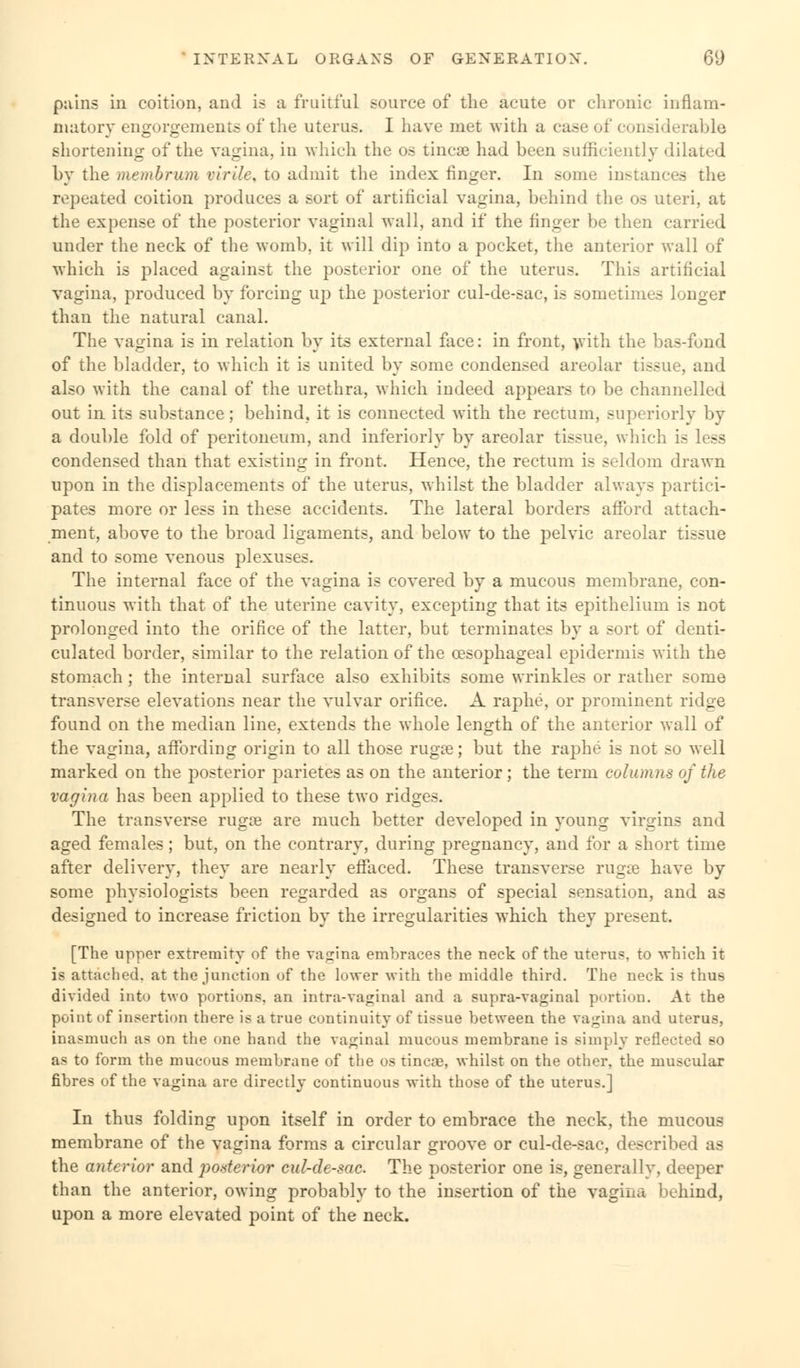 pains in coition, and is a fruitful source of the acute or chronic inflam- matory engorgements of the uterus. I have met with a case of considerable shortening of the vagina, in which the os tincse had been sufficiently dilated by the membrum virile, to admit the index finger. In some instances the repeated coition produces a sort of artificial vagina, behind the os uteri, at the expense of the posterior vaginal wall, and if the finger be then carried under the neck of the womb, it will dip into a pocket, the anterior wall of which is placed against the posterior one of the uterus. This artificial vagina, produced by forcing up the posterior cul-de-sac, is sometimes longer than the natural canal. The vagina is in relation by its external face: in front, with the bas-fond of the bladder, to which it is united by some condensed areolar tissue, and also with the canal of the urethra, which indeed appears to be channelled out in its substance; behind, it is connected with the rectum, superiorly by a double fold of peritoneum, and inferiorly by areolar tissue, which is less condensed than that existing in front. Hence, the rectum is seldom drawn upon in the displacements of the uterus, whilst the bladder always partici- pates more or less in these accidents. The lateral borders afford attach- ment, above to the broad ligaments, and below to the pelvic areolar tissue and to some venous plexuses. The internal face of the vagina is covered by a mucous membrane, con- tinuous with that of the uterine cavity, excepting that its epithelium is not prolonged into the orifice of the latter, but terminates by a sort of denti- culated border, similar to the relation of the oesophageal epidermis with the stomach ; the internal surface also exhibits some wrinkles or rather some transverse elevations near the vulvar orifice. A raphe, or prominent ridge found on the median line, extends the whole length of the anterior wall of the vagina, affording origin to all those rugse; but the raphe is not so well marked on the posterior parietes as on the anterior; the term columns of the vagina has been applied to these two ridges. The transverse rugae are much better developed in young virgins and aged females; but, on the contrary, during pregnancy, and for a short time after delivery, they are nearly effaced. These transverse rugae have by some physiologists been regarded as organs of special sensation, and as designed to increase friction by the irregularities which they present. [The upper extremity of the vagina embraces the neck of the uterus, to which it is attached, at the junction of the lower with the middle third. The neck is thus divided into two portions, an intra-vaginal and a supra-vaginal portion. At the point of insertion there is a true continuity of tissue between the vagina and uterus, inasmuch as on the one hand the vaginal mucous membrane is simply reflected so as to form the mucous membrane of the os tineas, whilst on the other, the muscular fibres of the vagina are directly continuous with those of the uterus.] In thus folding upon itself in order to embrace the neck, the mucous membrane of the vagina forms a circular groove or cul-de-sac, described as the anterior and posterior cul-de-sac. The posterior one is, generally, deeper than the anterior, owing probably to the insertion of the vagina behind, upon a more elevated point of the neck.