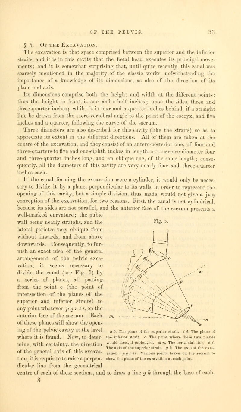 § 5. Of the Excavation. The excavation is that space comprised between the superior and the inferior straits, and it is in this cavity that the foetal head executes its principal move- ments; and it is somewhat surprising that, until quite recently, this canal was scarcely mentioned in the majority of the classic works, notwithstanding the importance of a knowledge of its dimensions, as also of the direction of its plane and axis. Its dimensions comprise both the height and width at the different points: thus the height in front, is one and a half inches; upon the sides, three and three-quarter inches; whilst it is four and a quarter inches behind, if a straight line be drawn from the sacro-vertebral angle to the point of the coccyx, and five inches and a quarter, following the curve of the sacrum. Three diameters are also described for this cavity (like the straits), so as to appreciate its extent in the different directions. All of them are taken at the centre of the excavation, and they consist of an antero-posterior one, of four and three-quarters to five and one-eighth inches in length, a transverse diameter four and three-quarter inches long, and an oblique one, of the same length; conse- quently, all the diameters of this cavity are very nearly four and three-quarter inches each. If the canal forming the excavation were a cylinder, it would only be neces- sary to divide it by a plane, perpendicular to its walls, in order to represent the opening of this cavity, but a simple division, thus made, would not give a just conception of the excavation, for two reasons. First, the canal is not cylindrical because its sides are not parallel, and the anterior face of the sacrum presents a well-marked curvature; the pubic wall being nearly straight, and the Fi&- 5- lateral parietes very oblique from without inwards, and from above downwards. Consequently, to fur- nish an exact idea of the general arrangement of the pelvic exca- vation, it seems necessary to divide the canal (see Fig. 5) by a series of planes, all passing from the point c (the point of intersection of the planes of the superior and inferior straits) to any point whatever.p q r s t. on the anterior face of the sacrum Each m. of these planes will show the open- '% ing Of the pelvic Cavity at the level a 6. The plane of the superior strait, t d The plane of where it is found. Now, to deter- the inferior strait, c. The point where these two planes mine, With Certainty, the direction would meet, if prolonged, m n. The horizontal line, e f. . The axis of the superior strait, g k. The axis of the exca- 01 the general aXIS OI this excava- vati0n. pqr St. Various points taken on the sacrum to tion, it is requisite to raise a perpen- show the plane of the excavation at each point. dicular line from the geometrical centre of each of these sections, and to draw a line g k through the base of each. 3