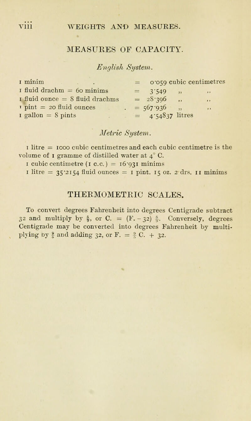 MEASURES OF CAPACITY. English System. i minim . = 0-059 cubic centimetres 1 fluid drachm = 60 minims = 3'549 ,, 1 fluid ounce = 8 fluid drachms = 28-396 ■ pint = 20 fluid ounces . = 567 '936 „ 1 gallon = 8 pints = 4-54837 litres Metric System. 1 litre = iooo cubic centimetres and each cubic centimetre is the volume of 1 gramme of distilled water at 4° C. 1 cubic centimetre (1 c.c.) = 16-931 minims 1 litre = 35-2154 fluid ounces = 1 pint. 15 oz. 2 drs. 11 minims THEB.MOMETRIC SCALES. To convert degrees Fahrenheit into degrees Centigrade subtract 32 and multiply by f, or C. = (F.-32) f. Conversely, degrees Centigrade may be converted into degrees Fahrenheit by multi- plying Dy I and adding 32, or F. =|C. + 32.