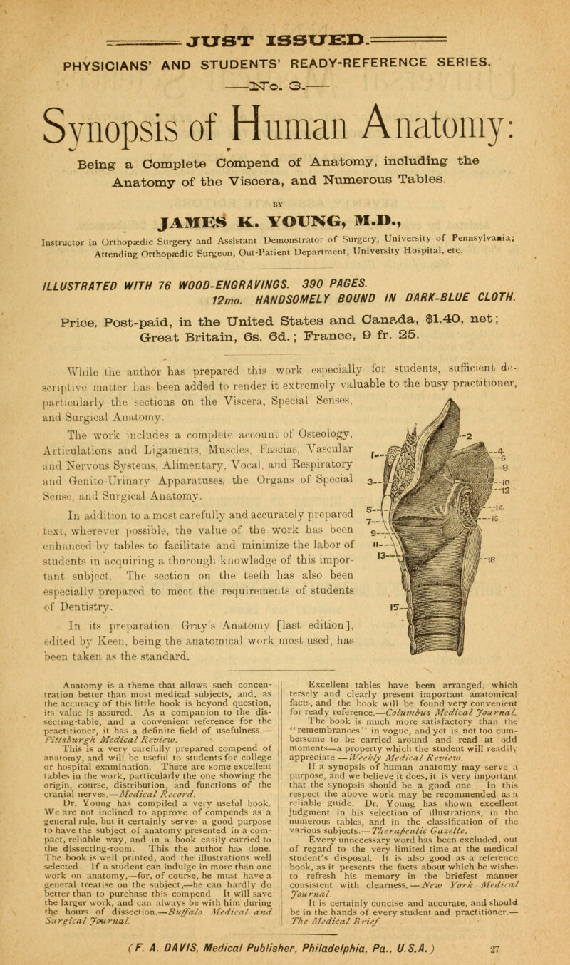 JUST ISSUED. = PHYSICIANS' AND STUDENTS' READY-REFERENCE SERIES. IfcTo. 3. Synopsis of Human Anatomy: Being a Complete Compend of Anatomy, including the Anatomy of the Viscera, and Numerous Tables. BY JAMES K. YOUISG, M.D., Instructor in Orthopaedic Surgery and Assistant Demonstrator of Surgery, University of Pennsylvania; Attending Orthopedic Surgeon, Out-Patient Department, University Hospital, etc. ILLUSTRATED WITH 76 WOOD-ENGRAVINGS. 390 PAGES. 12mo. HANDSOMELY BOUND IN DARK-BLUE CLOTH. Price, Post-paid, in the United States and Canada, $1.40, net; Great Britain, 6s. 6d.; France, 9 fr. 25. While the author has prepared this work especially for students, sufficient de- scriptive matter has been added to render it extremely valuable to the busy practitioner, particularly the sections on the Viscera, Special Senses, and Surgical Anatomy. The work includes a complete account of Osteology, Articulations and Ligaments. Muscles, Fascias, Vascular and Nervous Systems, Alimentary, Vocal, and Respiratory and Genito-Urinarv Apparatuses, the Organs of Special Sense, and Surgical Anatomy. In addition to a most carefully and accurately prepared text, wherever possible, the value of the work has been enhanced by tables to facilitate and minimize the labor of students in acquiring a thorough knowledge of this impor- tant subject. The section on the teeth has also been especially prepared to meet the requirements of students of Dentistry. In its preparation, Gray's Anatomy [last edition], edited by Keen, being the anatomical work most used, has been taken as the standard. Anatomy is a theme that allows such concen- tration better than most medical subjects, and, as the accuracy of this little book is beyond question, its value is assured. As a companion to the dis- secting-table, and a convenient reference for the practitioner, it has a definite field of usefulness.— Pittsburgh Medical Review. This is a very carefully prepared compend of anatomy, and will be useful to students for college or hospital examination. There are some excellent tables in the work, particularly the one showing the origin, course, distribution, and functions of the cranial nerves.—Medical Record. Dr. Young has compiled a very useful book. We are not inclined to approve of compends as a general rule, but it certainly serves a good purpose to have the subject of anatomy presented in a com- pact, reliable way, and in a book easily carried to the dissecting-room. This the author has done. The book is well printed, and the illustrations well selected. If a student can indulge in more than one work on anatomy,—for, of course, he must have a general treatise on the subject,—he can hardly do better than to purchase this compend It will save the larger work, and can always be with him during the hours of dissection.—Buffalo Medical and Surgical Journal. Excellent tables have been arranged, which tersely and clearly present important anatomical facts, and the book will be found very convenient for ready reference.—Columbus Medical Journal. The book is much more satisfactory than the remembrances in vogue, and yet is not too cum- bersome to be carried around and read at odd moments—a property which the student will readily appreciate.— Weekly Medical Review. If a synopsis of human anatomy may serve a purpose, and we believe it does, it is very important that the synopsis should be a good one. In this respect the above work may be recommended as a reliable guide. Dr. Young has shown excellent judgment in his selection of illustrations, in the numerous tables, and in the classification of the various subjects. — Therapeutic Gazette. Every unnecessary word has been excluded, out of regard to the very limited time at the medical student's disposal. It is also good as a reference book, as it presents the facts about which he wishes to refresh his memory in the briefest manner consistent with clearness.—New York Medical Journal It is certainly concise and accurate, and should be in the hands of every student and practitioner.— The Medical Brief.