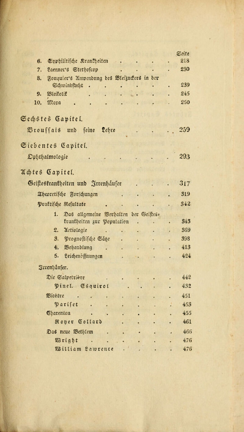 6. »EppfjÜittfcfje Äranffjetten 7. Paennec'ö (gtctfjofcop 8. gouquict'S tfnwcnbung be$ SBtetjucferS in bei- ©dwinbfudjt ..... 9. SBletfolif 10. 9^o?a @rftf 218 2S0 239 245 250 <5cd)$te$ Gapitel. 35rouffai$ tmb (eine tttyt «siebentes daf>11e(. 259 sDp^almologie • . 293 c^>teS @apttc(. <5ctfle$£ranft)eiten unb Srrcnhdufcr . 317 S^eorcttfd)c gorfcfyungen 319 3>vafttfd)e SRefultate • 312 1. 3>a§ allgemeine Schatten bei* ©eifteS; fvant^eitcn äur Kopulation 343 2. Ätiologie . 369 3. 9&i-ognofiifd;e (Säße . 398 4r. fBeljanblung 413 5. £etd)enoffmtngcn 424 3rrcnl;äufer. £>ie ©alpetrierc 442 tyinzl. <5&<\\iivcl . 432 SSicette .... 451 sparifet 453 (üt;arenton 455 3? o o e r (5ü11atb 461 ©a$ neue S3etl;lem 466 2ßrtgf)t 476 SSilliam Scnurence • ; 476