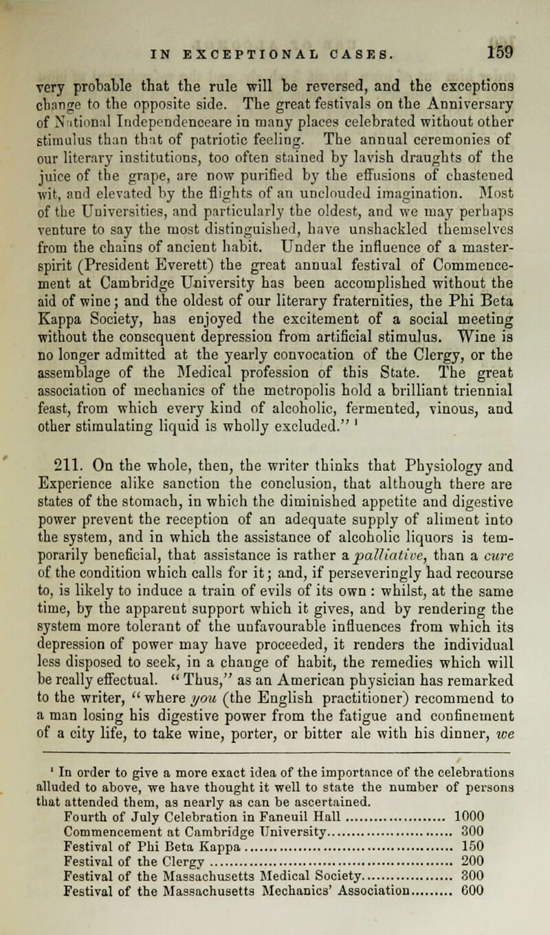 very probable that the rule will be reversed, and the exceptions chnnge to the opposite side. The great festivals on the Anniversary of National Independenceare in many places celebrated without other stimulus than that of patriotic feeling. The annual ceremonies of our literary institutions, too often stained by lavish draughts of the juice of the grape, are now purified by the effusions of chastened wit, and elevated by the flights of an unclouded imagination. Most of the Universities, and particularly the oldest, and we may perhaps venture to say the most distinguished, have unshackled themselves from the chains of ancient habit. Under the influence of a master- spirit (President Everett) the great annual festival of Commence- ment at Cambridge University has been accomplished without the aid of wine; and the oldest of our literary fraternities, the Phi Beta Kappa Society, has enjoyed the excitement of a social meeting without the consequent depression from artificial stimulus. Wine is no longer admitted at the yearly convocation of the Clergy, or the assemblage of the Medical profession of this State. The great association of mechanics of the metropolis hold a brilliant triennial feast, from which every kind of alcoholic, fermented, vinous, and other stimulating liquid is wholly excluded. ' 211. On the whole, then, the writer thinks that Physiology and Experience alike sanction the conclusion, that although there are states of the stomach, in which the diminished appetite and digestive power prevent the reception of an adequate supply of aliment into the system, and in which the assistance of alcoholic liquors is tem- porarily beneficial, that assistance is rather a. palliative, than a cure of the condition which calls for it; and, if perseveringly had recourse to, is likely to induce a train of evils of its own : whilst, at the same time, by the apparent support which it gives, and by rendering the system more tolerant of the unfavourable influences from which its depression of power may have proceeded, it renders the individual less disposed to seek, in a change of habit, the remedies which will be really effectual.  Thus, as an American physician has remarked to the writer,  where you (the English practitioner) recommend to a man losing his digestive power from the fatigue and confinement of a city life, to take wine, porter, or bitter ale with his dinner, we 1 In order to give a more exact idea of the importance of the celebrations alluded to above, we have thought it well to state the number of persons that attended them, as nearly as can be ascertained. Fourth of July Celebration in Faneuil Hall 1000 Commencement at Cambridge University 300 Festival of Phi Beta Kappa 150 Festival of the Clergy 200 Festival of the Massachusetts Medical Society 300 Festival of the Massachusetts Mechanics' Association 600