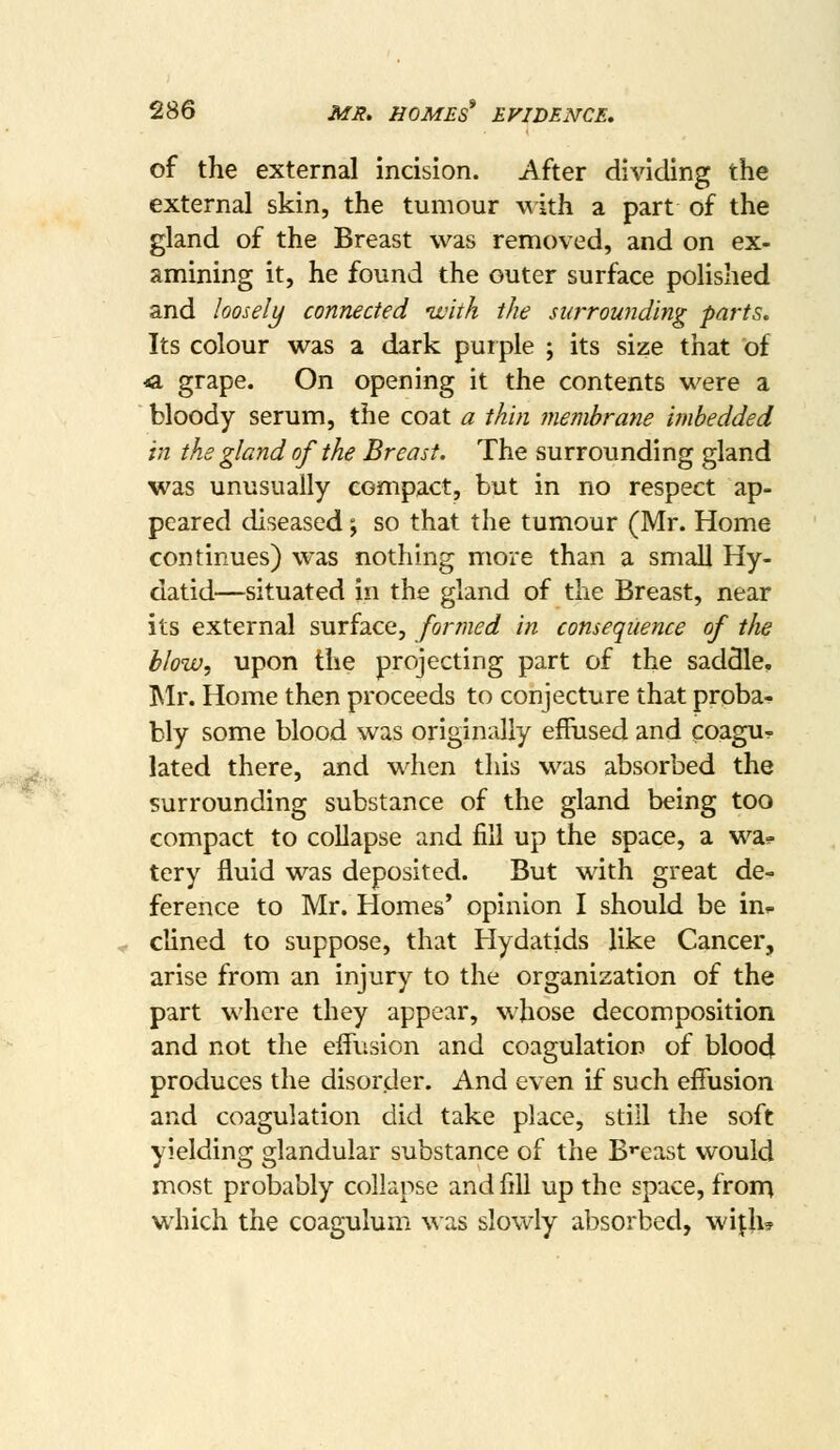 of the external incision. After dividing the external skin, the tumour with a part of the gland of the Breast was removed, and on ex- amining it, he found the outer surface polished and loosely connected with the surrounding parts. Its colour was a dark purple ; its size that of 4a grape. On opening it the contents were a bloody serum, the coat a thin inembrane imbedded in the gland of the Breast. The surrounding gland was unusually compact, but in no respect ap- peared diseased j so that the tumour (Mr. Home continues) was nothing more than a small Hy- datid—situated in the gland of the Breast, near its external surface, formed in consequence of the blow, upon the projecting part of the saddle, I\Ir. Home then proceeds to conjecture that proba- bly some blood was originally effused and coagu- lated there, and when this was absorbed the surrounding substance of the gland being too compact to coUapse and fill up the space, a wa? tery fluid was deposited. But with great de- ference to Mr. Homes' opinion I should be in<. clined to suppose, that Hydatids like Cancer, arise from an injury to the organization of the part where they appear, whose decomposition and not the effusion and coagulation of blood produces the disorder. And even if such effusion and coagulation did take place, still the soft yielding glandular substance of the B'-east would most probably collapse and fill up the space, froni which the coagulum w as slowly absorbed, wijfli?