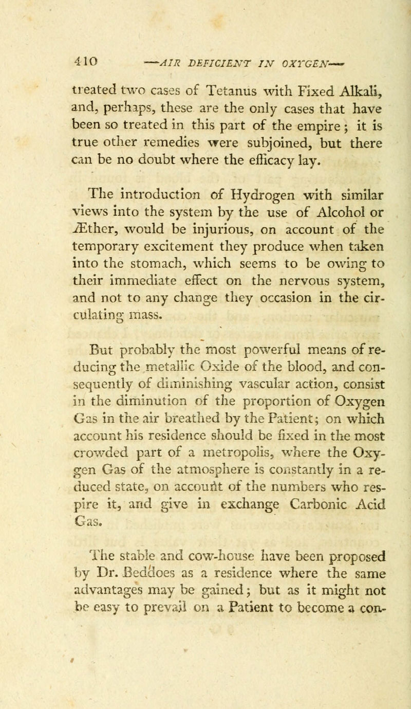 treated two cases of Tetanus with Fixed Alkali, and, perhaps, these are the only cases that have been so treated in this part of the empire ; it is true other remedies were subjoined, but there can be no doubt where the efficacy lay. The introduction of Hydrogen with similar views into the system by the use of Alcohol or ^ther, would be injurious, on account of the temporary excitement they produce when taken into the stomach, which seems to be owing to their immediate effect on the nervous system, and not to any change they occasion in the cir- culatin!^ mass. But probably the most powerful means of re- ducing the metallic Oxide of the blood, and con- sequently of diminishing vascular action, consist in the diminution of the proportion of Oxygen Gas in the air breathed by the Patient; on which account his residence should be fixed in the most crowded part of a metropolis, where the Oxy- gen Gas of the atmosphere is constantly in a re- duced state, on account of the numbers who res- pire it, and give in exchange Carbonic Acid C^as. The stable and cow-hciise have been proposed by Dr. Bedcioes as a residence where the same advantages may be gained -, but as it might not be easy to prevail on a Patient to become a con-