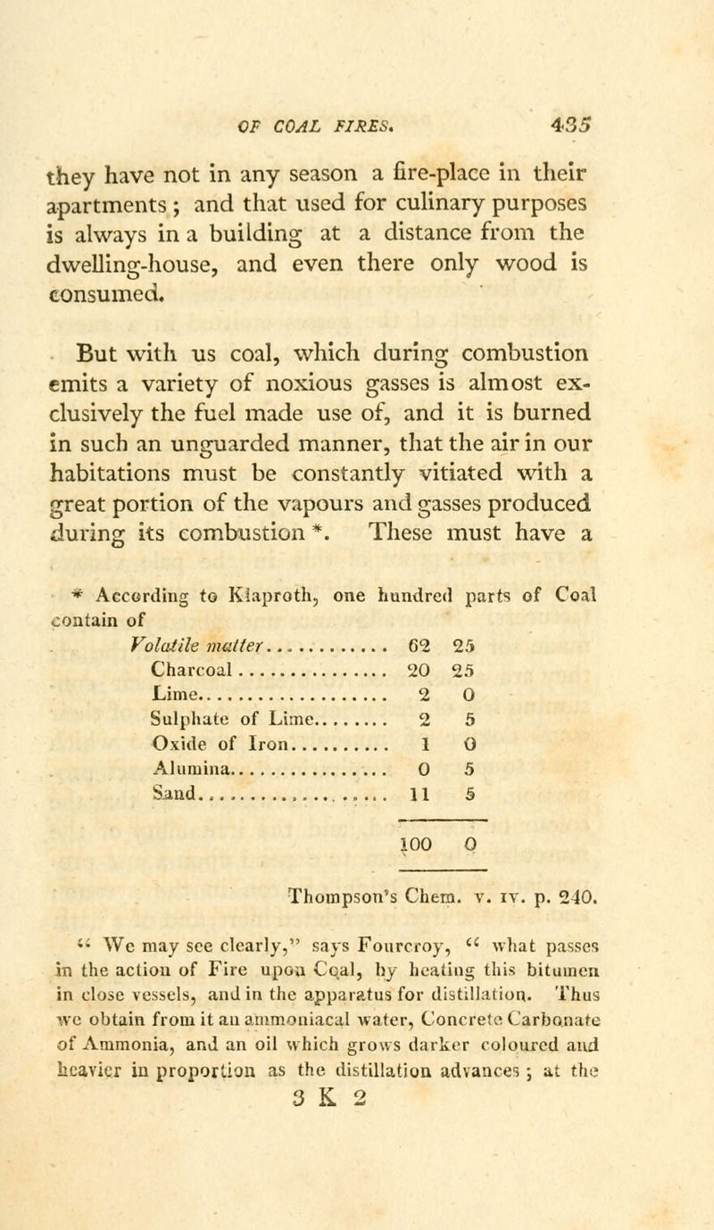 they have not in any season a fire-place in their apartments ; and that used for culinary purposes is always in a building at a distance from the dwelling-house, and even there only wood is consumed. But with us coal, which during combustion emits a variety of noxious gasses is almost ex- clusively the fuel made use of, and it is burned in such an unguarded manner, that the air in our habitations must be constantly vitiated with a great portion of the vapours and gasses produced during its combustion *. These must have a * AccGrding to Klaproth, one hundred parts of Coal contain of Volatile matter 62 25 Charcoal 20 25 Lime 2 0 Sulphate of Lime 2 5 Oxide of Iron 1 0 Alumina 0 5 Siind. .0... 11 5 100 O Thompson's Chem. v. iv. p. 240.  We may see clearly, says Fourcroy, • what passes in the action of Fire upon Coal, by heating this bitumen in close vessels, and in the apparatus for distillation. Thus we obtain from it an ammoniacal water, Concrete Carbonate of Ammonia, and an oil which grows darker coloured and heavier in proportion as the distillation advance'); at the 3 K 2