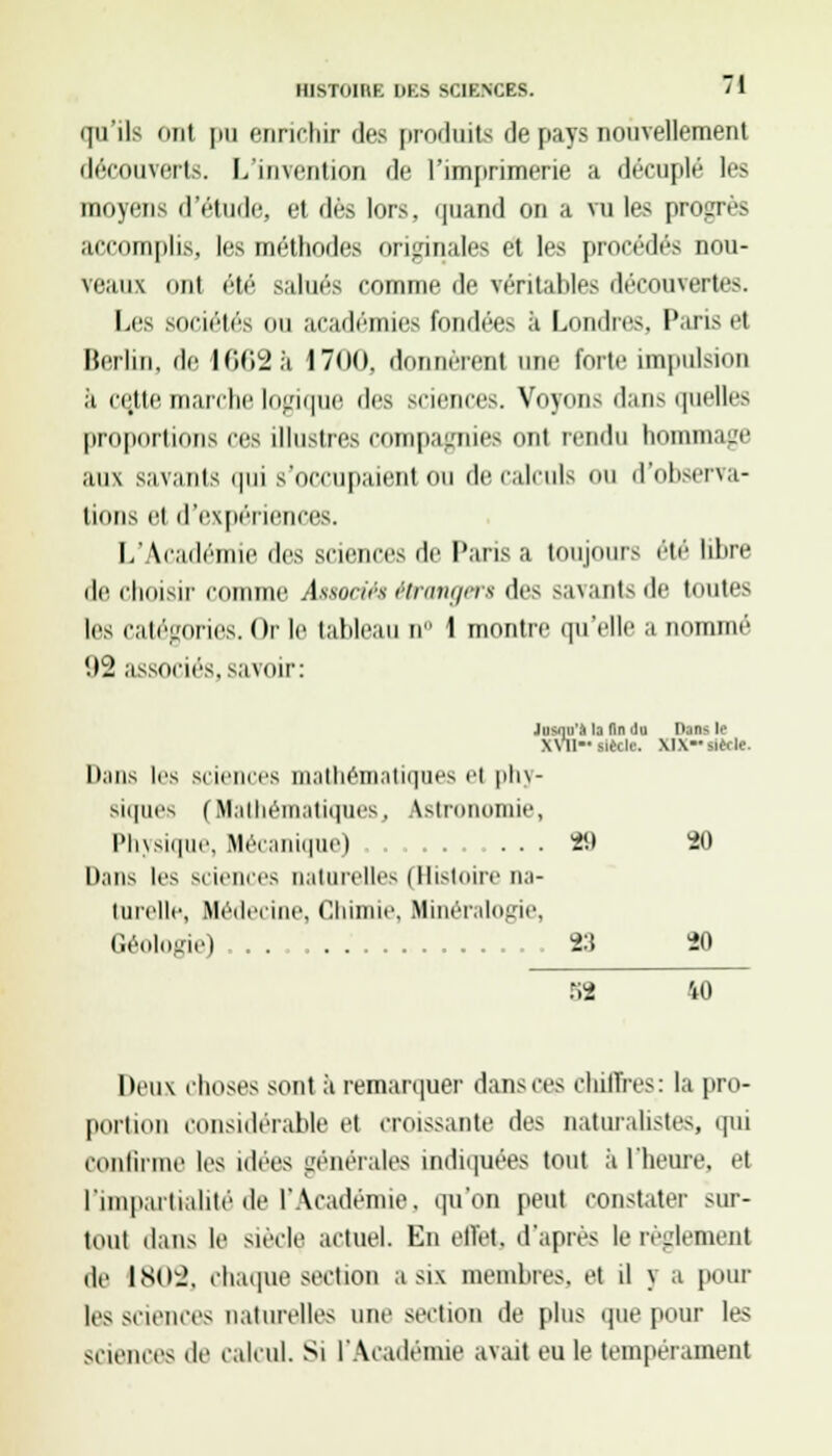 MIsnilllF. UKS SCIENCES. 1 qu'ils ont pa enrichir des produits de pays nouvellement découverts. L'invention de l'imprimerie a décuplé les moyens d'étude, et des lors, quand on a vu les progrès accomplis, les méthodes originales et les procédés nou- veaux ont été salués comme de véritables découvertes. Les sociétés ou académies fondées à Londres, Paris et Berlin, de 1662 à 1700, donnèrenl une forte impulsion a cejtte marche logique des sciences. Voyons dans quelles proportions ces illustres compagnies onl rendu hommage aux savants qui s'occupaient ou de calculs ou d'observa- tions el d'expériences. L'Académie des sciences de Pans a toujours été libre de choisir comme Associés étrangers des savants de toutes les catégories. Or le tableau n 1 montre qu'elle a nommé '.12 associés, savoir: Jiiviiu'A la fin du Dans le XVII siècle. XIX siècle. Dans les sciences mathématiques et phy- siques (Mathématiques, astronomie, Physique, Mécanique) ....... 29 20 Dans les sciences naturelles (Histoire na- turelle, Médecine, Chimie, Minéralogie, Géologie) 23 20 82 40 Deux choses sont à remarquer dansées chiffres: la pro- portion considérable el croissante des naturalistes, qui confirme les idées générales indiquées tout à l'heure, et l'impartialité de l'Académie, qu'on peut constater sur- tout dans le siècle, actuel. En effet, d'après le règlement de 1802, iliaque section a six membres, et il y a pour les sciences naturelles une section de plus que pour les sciences de calcul. Si l'Académie avait eu le tempérament