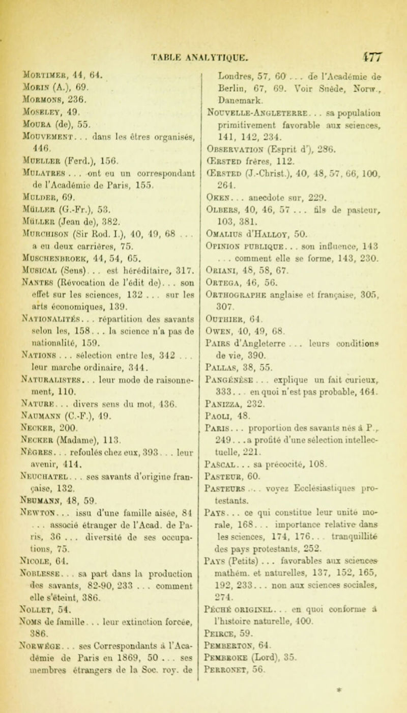 Hobtivbb, 11, 64. Moiia (A.), 69. MoRMONN, 236. MOSSLEY, 49 Kotjra (de), 55. MullV I.MKVI ■ l:i':■ I 446 Muei.ler (Ferd.), 156 Uii.atrkk . . . ont on un correspondant do l'Académie de Paris, 155, Mi:i.iji:k, 69 Mnu.f.ii (G.-Fr.), 58. Miii.i.kiï (Jean de), 382. Kurchmob (8ir Rod. [.), 10, 19, 88 ... :i en deux carrières, 75. IfDSCRBSBBOIK, -14, 54, 05. KoeiOAL (Sons) . . esl héréditaire, 317. Nantes (Révocation de l'édil do). son effet sur les sciences, 132 . . . sur les arts économiques, I 89 Natiohalitïs. répartition des savants ■•l'Ion 1rs, 158 . . la science n'a pas do nationalité, 159. Nations . . sélection ontre tel, 848 . . . leur marohe ordinaire, 844. N siiikai.isti'.s. . leur mode de raisonne- mont, 110. Nature .. divers sera du mot, 186 N'ai'm.wn (C.-F.), 49. Xki kkii, 200 Ni. ki:ii (Madame), US. Moies, refoulésohoieux,898 leur «venir, 114. Kedcbatbx ses savants d'origine fran- çaise, 132. Nbumasn, 18, 59. Niwtoï ,.. issu d'une Famille aisée, >i . associé étranger de l'Acad. de Pa- ris, 36... diversité de ses oeeupa- tions, 7.Y Rti 0LB, 64. Noblesse, si part dans le prodootioii îles savants, 82-90,238... comment clles'eteint, 886 Noi.i.ET, 54. Noms de famille ■ ■ leur extinction forcée, 386. Nokwm.i ses Correspondants i l'Aca- démie de Paris en 1869, 50 . membres étrangers de la Soc roy. de Londres, 57, 00 . . . de l'Académie de Berlin, 07, 09. Voir Suède, Nom . Danemark. Nouvelle-Angleterre .. .«a population primitivement favorable aux sciences, 141, 142, 284 Observation (Esprit A'), 286. T.KSTED frères, 112. Œrsted (T-Christ). 40 • 100, 264 Oken. . . anecdote sur, 229. Olbers, 40, 10, 57 ... ils de pasteur, 103, 381. Omalics d'ir.u.Lov, 50. i mtnion iimilique. .. son influence, 11 ' . . . comment elle se forme, 143, 230. OBIAHI, 48, 58, 67. Obtboa, 16, 56 Orthographe anglaise et française, 305, 307. Outkihb, 64 Owm, 10, 49, 08. l'Ains d'Angleterre .. leurs oondHîons de vie, 390. Pai.las, 38, 55. Pangésëse . . explique un fait curieux, 333. . euqnoi n'est pas probable, 464. Pamz/.a, 232. Paou, 48. Taris. . . proportion des savants nés a P , 249. . .a protité d'une sélection intellec- tuelle, 221. Pascal. .. sa précocité. 108. Pastbub, 60. Pasteurs . vovei Ea pro- ' uits. Pays. . . ce qui constitue leur unité mo- rale, 168. . . importance relative dans les sciences, 174, 176.. tranquillité des paya protestants, 252. PATS (Petits) ... favorables aux sciences muthem. et naturelles, 137, 152, 165, 1^2, 233... non aux sciences sociales, 271. l'uiii: originel. . en quoi conforme a l'histoire naturelle, 100. Peikue, 59. Pemberton. 64 Pehbkoke (Lord), 35. Pbuohr 56