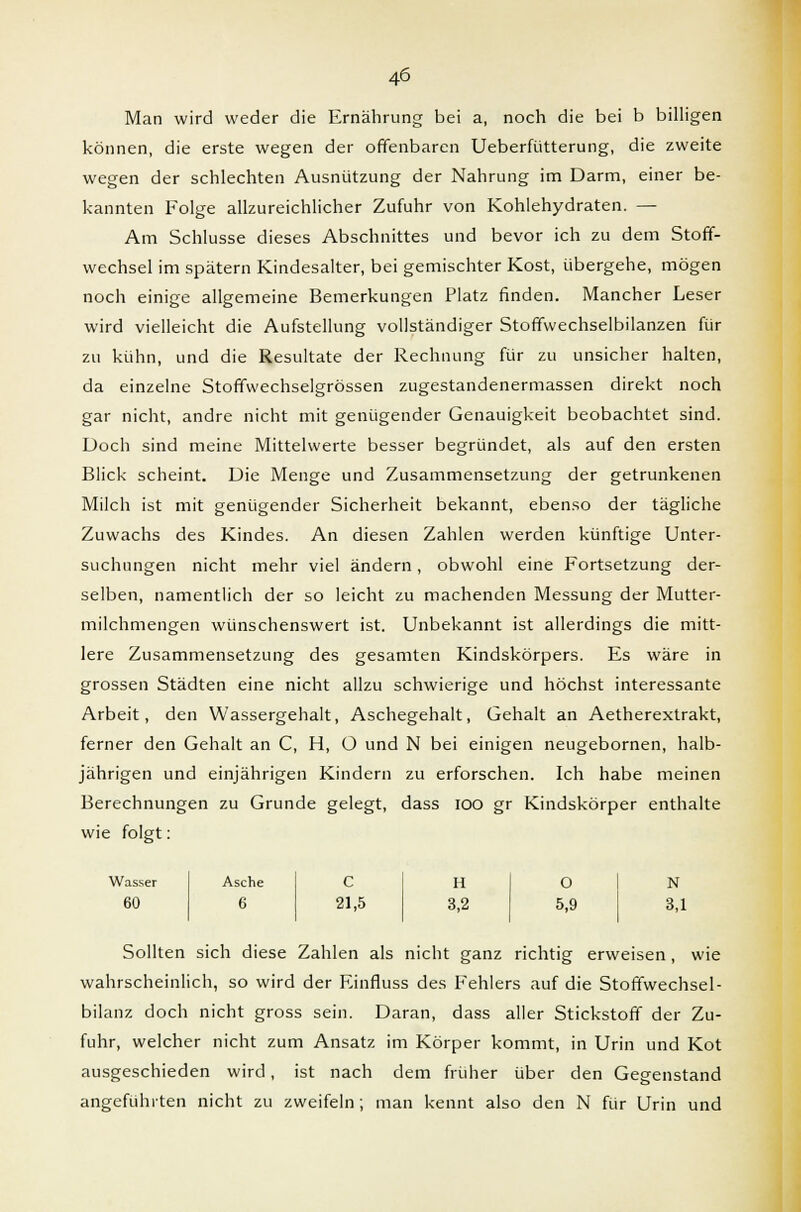 Man wird weder die Ernährung bei a, noch die bei b billigen können, die erste wegen der offenbaren Ueberfütterung, die zweite wegen der schlechten Ausnützung der Nahrung im Darm, einer be- kannten Folge allzureichlicher Zufuhr von Kohlehydraten. — Am Schlüsse dieses Abschnittes und bevor ich zu dem Stoff- wechsel im spätem Kindesalter, bei gemischter Kost, übergehe, mögen noch einige allgemeine Bemerkungen Platz finden. Mancher Leser wird vielleicht die Aufstellung vollständiger Stoffwechselbilanzen für zu kühn, und die Resultate der Rechnung für zu unsicher halten, da einzelne Stoffwechselgrössen zugestandenermassen direkt noch gar nicht, andre nicht mit genügender Genauigkeit beobachtet sind. Doch sind meine Mittelwerte besser begründet, als auf den ersten Blick scheint. Die Menge und Zusammensetzung der getrunkenen Milch ist mit genügender Sicherheit bekannt, ebenso der tägliche Zuwachs des Kindes. An diesen Zahlen werden künftige Unter- suchungen nicht mehr viel ändern, obwohl eine Fortsetzung der- selben, namentlich der so leicht zu machenden Messung der Mutter- milchmengen wünschenswert ist. Unbekannt ist allerdings die mitt- lere Zusammensetzung des gesamten Kindskörpers. Es wäre in grossen Städten eine nicht allzu schwierige und höchst interessante Arbeit, den Wassergehalt, Aschegehalt, Gehalt an Aetherextrakt, ferner den Gehalt an C, H, O und N bei einigen neugebornen, halb- jährigen und einjährigen Kindern zu erforschen. Ich habe meinen Berechnungen zu Grunde gelegt, dass IOO gr Kindskörper enthalte wie folgt: Wasser 60 Asche 6 C H 21,5 3,2 O 5,9 N 3,1 Sollten sich diese Zahlen als nicht ganz richtig erweisen, wie wahrscheinlich, so wird der Einfluss des Fehlers auf die Stoffwechsel- bilanz doch nicht gross sein. Daran, dass aller Stickstoff der Zu- fuhr, welcher nicht zum Ansatz im Körper kommt, in Urin und Kot ausgeschieden wird, ist nach dem früher über den Gegenstand angefühlten nicht zu zweifeln; man kennt also den N für Urin und