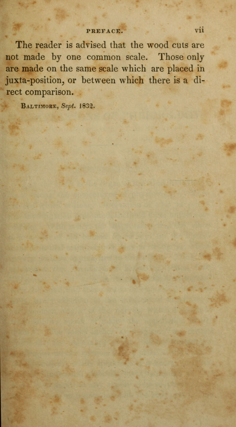 The reader is advised that the wood cuts are not made by one common scale. Those only are made on the same scale which are placed in juxta-position, or between which there is a di- rect comparison. Baltimore, Sept. 1832.