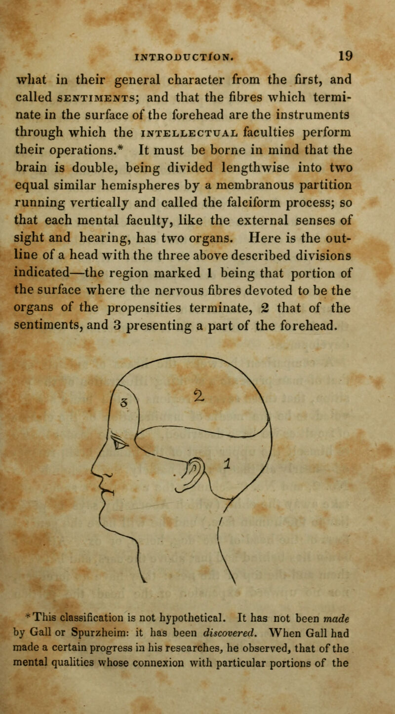 what in their general character from the first, and called sentiments; and that the fibres which termi- nate in the surface of the forehead are the instruments through which the intellectual faculties perform their operations.* It must be borne in mind that the brain is double, being divided lengthwise into two equal similar hemispheres by a membranous partition running vertically and called the falciform process; so that each mental faculty, like the external senses of sight and hearing, has two organs. Here is the out- line of a head with the three above described divisions indicated—the region marked 1 being that portion of the surface where the nervous fibres devoted to be the organs of the propensities terminate, 2 that of the sentiments, and 3 presenting a part of the forehead. ^This classification is not hypothetical. It has not been made by Gall or Spurzheim: it has been discovered. When Gall had made a certain progress in his researches, he observed, that of the mental qualities whose connexion with particular portions of the