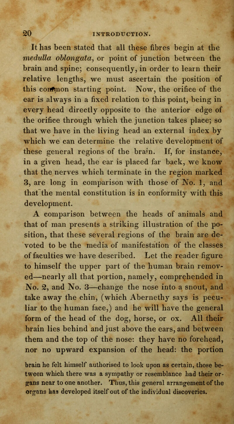 It has been stated that all these fibres begin at the medulla oblongata, or point of junction between the brain and spine; consequently, in order to learn their relative lengths, we must ascertain the position of this confmon starting point. Now, the orifice of the ear is always in a fixed relation to this point, being in every head directly opposite to the anterior edge of the orifice through which the junction takes place; so that we have in the living head an external index by which we can determine the relative development of these general regions of the brafn. If, for instance, in a given head, the ear is placed far back, we know that the nerves which terminate in the region marked 3, are long in comparison with those of No. 1, and that the mental constitution is in conformity with this development. A comparison between the heads of animals and that of man presents a striking illustration of the po- sition, that these several regions of the brain are de- voted to be the media of manifestation of the classes of faculties we have described. Let the reader figure to himself the upper part of the human brain remov- ed—nearly all that portion, namely, comprehended in No. 2, and No. 3—change the nose into a snout, and take away the chin, (which Abernethy says is pecu- liar to the human face,) and he will have the general form of the head of the dog, horse, or ox. All their brain lies behind and just above the ears, and between them and the top of the nose: they have no forehead, nor no upward expansion of the head: the portion brain he felt himself authorised to look upon as certain, those be- tween which there was a sympathy or resemblance had their or- gans near to one another. Thus, this general arrangement of the organs has developed itself out of the individual discoveries.