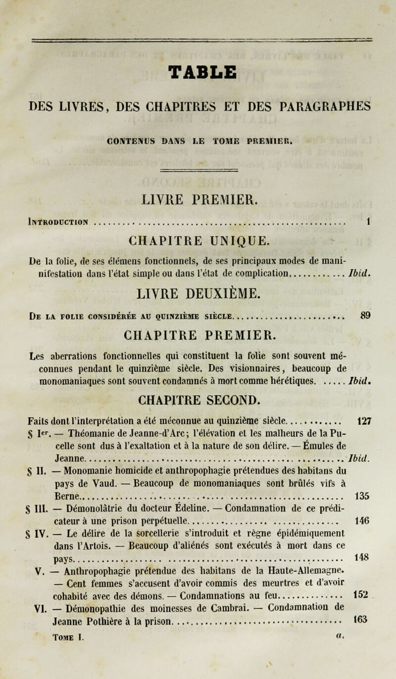 TABLE DES LIVRES, DES CHAPITRES ET DES PARAGRAPHES CONTENUS DANS LE TOME PREMIER. LIVRE PREMIER. Introduction 1 CHAPITRE UNIQUE. De la folie, de ses élémens fonctionnels, de ses principaux modes de mani- nifestation dans l'état simple ou dans l'état de complication Ibid. LIVRE DEUXIÈME. De la folie considérée au quinzième siècle 89 CHAPITRE PREMIER. Les aberrations fonctionnelles qui constituent la folie sont souvent mé- connues pendant le quinzième siècle. Des visionnaires, beaucoup de monomaniaques sont souvent condamnés à mort comme hérétiques Ibid. CHAPITRE SECOND. Faits dont l'interprétation a été méconnue au quinzième siècle 127 S Ier. — Théomanie de Jeanne-d'Arc; l'élévation et les malheurs de la Pu- celle sont dus à l'exaltation et à la nature de son délire. — Émules de Jeanne Ibid. S H. — Monomanie homicide et anthropophagie prétendues des habitans du pays de Vaud. — Beaucoup de monomaniaques sont brûlés vifs à Berne . 135 S III. — Démonolàtrie du docteur Édeline. — Condamnation de ce prédi- cateur à une prison perpétuelle 146 S IV. — Le délire de la sorcellerie s'introduit et règne épidémiquemenl dans l'Artois. — Beaucoup d'aliénés sont exécutés à mort dans ce pays 148 V. — Anthropophagie prétendue des habitans de la Haute-Allemagne. — Cent femmes s'accusent d'avoir commis des meurtres et d'avoir cohabité avec des démons. — Condamnations au feu 152 VI. — Démonopathie des moinesses de Cambrai. — Condamnation de Jeanne Pothière à la prison. ,63 Tome I. «•