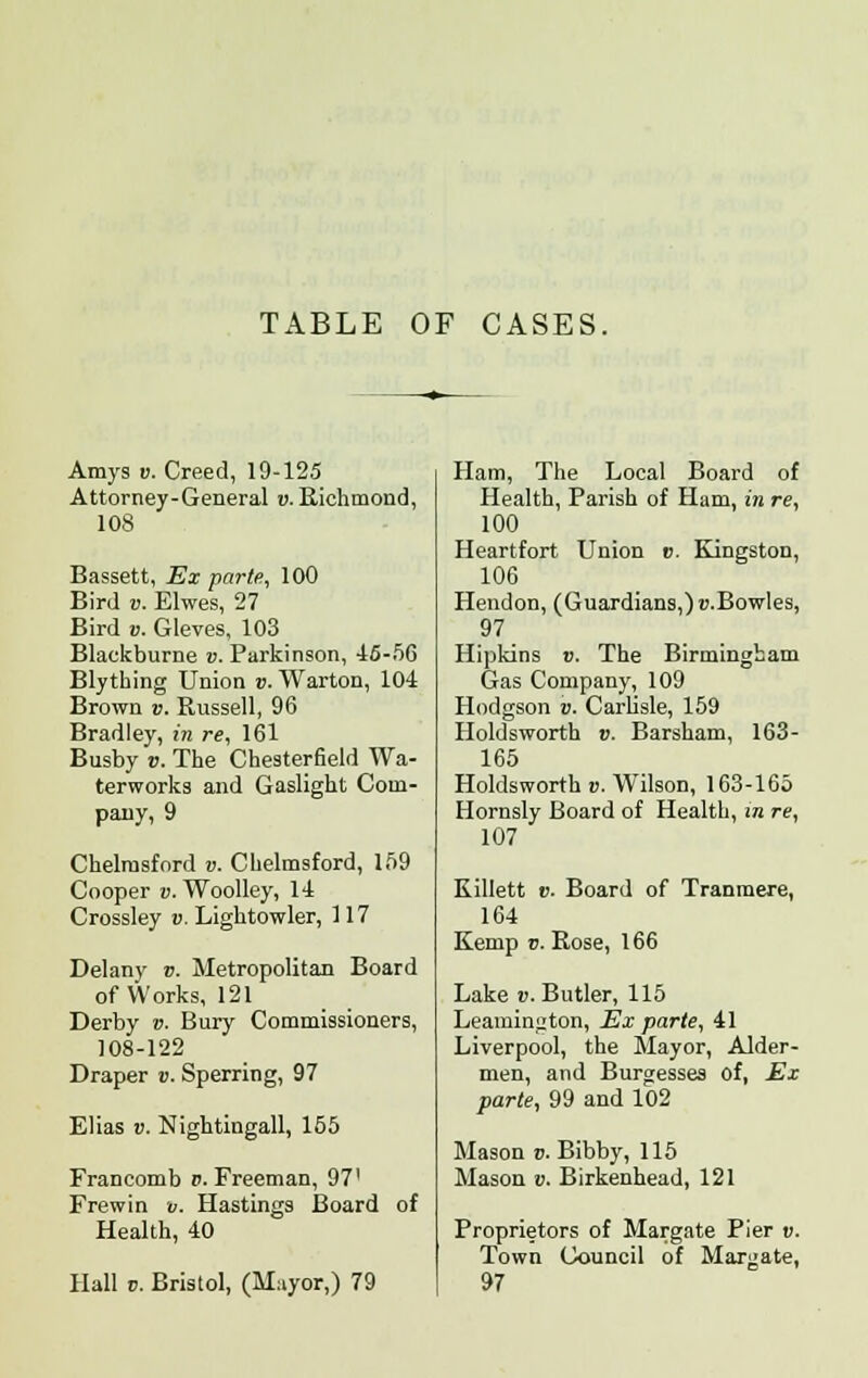 TABLE OF CASES. Amys ». Creed, 19-125 Attorney-General v. Richmond, 108 Bassett, Ex parte, 100 Bird v. Elwes, 27 Bird v. Gleves, 103 Blackburne v. Parkinson, -15-56 Blything Union v. Warton, 104 Brown v. Russell, 96 Bradley, in re, 161 Busby v. The Chesterfield Wa- terworks and Gaslight Com- pany, 9 Chelmsford v. Chelmsford, 159 Cooper v. Woolley, 14 Crossley v. Lightowler, 117 Delany v. Metropolitan Board of Works, 121 Derby v. Bury Commissioners, 108-122 Draper v. Sperring, 97 Elias v. Nightingall, 155 Francomb i>. Freeman, 97' Frewin v. Hastings Board of Health, 40 Hall v. Bristol, (Mayor,) 79 Ham, The Local Board of Health, Parish of Ham, in re, 100 Heartfort Union v. Kingston, 106 Hendon, (Guardians,)u.Bowles, 97 Hipkins v. The Birmingham Gas Company, 109 Hodgson v. Carlisle, 159 Holdsworth v. Barsham, 163- 165 Holdsworth v. Wilson, 163-165 Hornsly Board of Health, in re, 107 Killett v. Board of Tranmere, 164 Kemp v. Rose, 166 Lake v. Butler, 115 Leamington, Ex parte, 41 Liverpool, the Mayor, Alder- men, and Burgesses of, Ex parte, 99 and 102 Mason v. Bibby, 115 Mason v. Birkenhead, 121 Proprietors of Margate Pier v. Town Council of Margate, 97