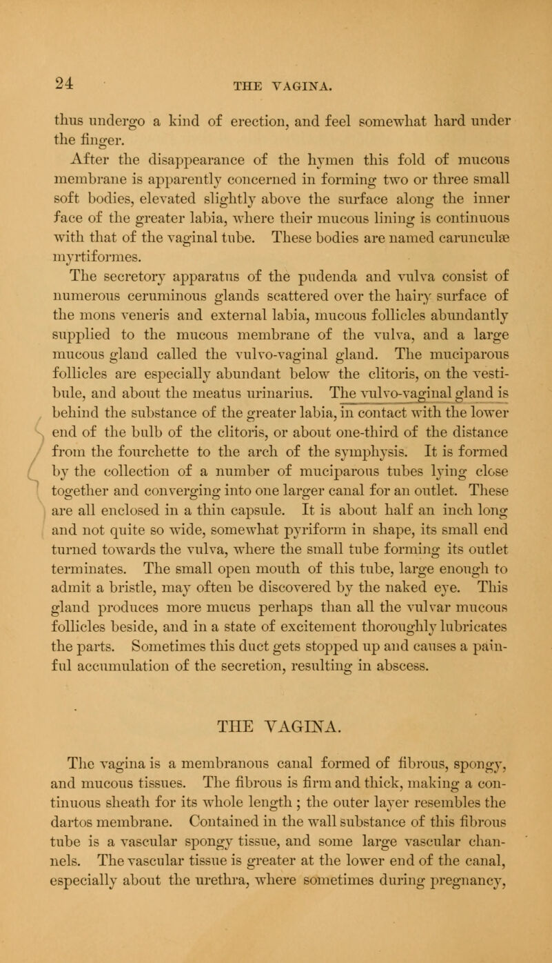 thus undergo a kind of erection, and feel somewhat hard under the linger. After the disappearance of the hymen this fold of mucous membrane is apparently concerned in forming two or three small soft bodies, elevated slightly above the surface along the inner face of the greater labia, where their mucous lining is continuous with that of the vaginal tube. These bodies are named carunculse myrtiformes. The secretory apparatus of the pudenda and vulva consist of numerous ceruminous glands scattered over the hairy surface of the mons veneris and external labia, mucous follicles abundantly supplied to the mucous membrane of the vulva, and a large mucous gland called the vulvo-vaginal gland. The muciparous follicles are especially abundant below the clitoris, on the vesti- bule, and about the meatus urinarius. The vulvo-vaginal gland is behind the substance of the greater labia, in contact with the lower end of the bulb of the clitoris, or about one-third of the distance from the fourchette to the arch of the symphysis. It is formed by the collection of a number of muciparous tubes lying close together and converging into one larger canal for an outlet. These are all enclosed in a thin capsule. It is about half an inch long and not quite so wide, somewhat pyriform in shape, its small end turned towards the vulva, where the small tube forming its outlet terminates. The small open mouth of this tube, large enough to admit a bristle, may often be discovered by the naked eye. This gland produces more mucus perhaps than all the vulvar mucous follicles beside, and in a state of excitement thoroughly lubricates the parts. Sometimes this duct gets stopped up and causes a pain- ful accumulation of the secretion, resulting in abscess. THE YAGIXA. The vagina is a membranous canal formed of fibrous, and mucous tissues. The fibrous is firm and thick, making a con- tinuous sheath for its whole length ; the outer layer resembles the dartos membrane. Contained in the wall substance of this fibrous tube is a vascular spongy tissue, and some large vascular chan- nels. The vascular tissue is greater at the lower end of the canal, especially about the urethra, where sometimes during pregnancy,