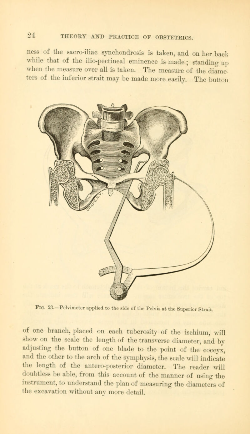 of the sacroiliac synchondrosis is taken, and on her back while that of the ilio-pectineal eminence is made; standing up when the measure over all is taken. The measure of the diame- ters of the inferior strait may be made more easily. The button Fio. 23.—Pelvimeter applied to the Bide of the Pelvis at the Superior Strait. of one branch, placed on each tuberosity of the ischium, will Bhowon the scale the lengthof the transverse diameter, and by adjusting the button of one blade to the point of the coccyx, and the other to the arch of the symphysis, the Bcale will indicate the length of the anteroposterior diameter. The reader will doubtless be able, from this acoountof the manner of osingthe instrument, to understand the plan of measuring the diameters of the excavation without any more detail.