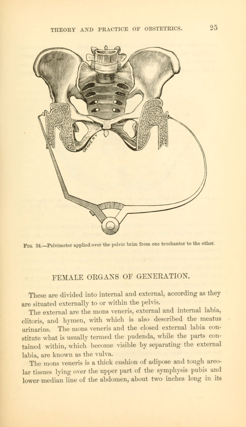pIG. 24.—Pelvimeter applied over the pelvic brim from one trochanter to the other. FEMALE ORGANS OF GENERATION. These are divided into internal and external, according as they are situated externally to or within the pelvis. The external are the mons veneris, external and internal labia, clitoris, and hymen, with which is also described the meatus urinarius. The monfi veneris and the closed external labia con- stitute what i> usually termed the pudenda, while the parts con- tained within, which become visible by separating the external labia, are known as the vulva. The mons veneris is a thick cushion of adipose and tough areo- lar tissues lying over the upper part of the BymphyBis pubifl and lower median line of the abdomen, about two inches long in its