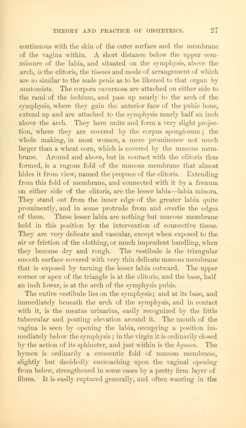 continuous with the skin of the outer surface and the membrane of the vagina within. A short distance below the upper com- missure of the labia, and situated on the symphysis, above the arch, is the clitoris, the tissues and mode of arrangement of which are ><> similar to the male penis as to be likened to that organ by anatomists. The corpora cavernosa are attached on either side to the rami of the ischium, and pass up nearly to the arch of the symphysis, where they gain the anterior face of the pubic bone, extend up and are attached to the symphysis nearly half an inch above the arch. They here unite and form a very slight projec- tion, where they are covered by the corpus spongiosum; the whole making, in most women, a mere prominence not much larger than a wheat corn, which is covered by the mucous mem- brane. Around and above, but in contact with the clitoris thus formed, is a rugous fold of the mucous membrane that almost hides it from view, named the prepuce of the clitoris. Extending from this fold of membrane, and connected with it by a frenum on either side of the clitoris, are the lesser labia—labia minora. They stand out from the inner edge of the greater labia quite prominently, and in some protrude from and overlie the edges of them. These lesser labia are nothing but mucous membrane held in this position by the intervention of coimective tissue. They are very delicate and vascular, except when exposed to the air or friction of the clothing, or much imprudent handling, when they become dry and rough. The vestibule is the triangular smooth surface covered with very thin delicate mucous membrane that is exposed by turning the lesser labia outward. The upper corner or apex of the triangle is at the clitoris, and the base, half an inch lower, is at the arch of the symphysis pubis. The entire vestibule lies on the symphysis; and at its base, and immediately beneath the arch of the symphysis, and in contact with it, is the meatus urinarius, easily recognized by the little tubercular and pouting elevation around it. The mouth of the \-airina is seen by opening the labia, occupying a position im- mediately below the symphysis ; in the virgin it is ordinarily closed by the action of its sphincter, and just within is the hymen. The hymen is ordinarily a crescentic fold of mucous membrane, slightly but decidedly encroaching upon the vaginal opening from below, strengthened in some cases by a pretty firm layer of fibres. It is easily ruptured generally, and often wanting in the