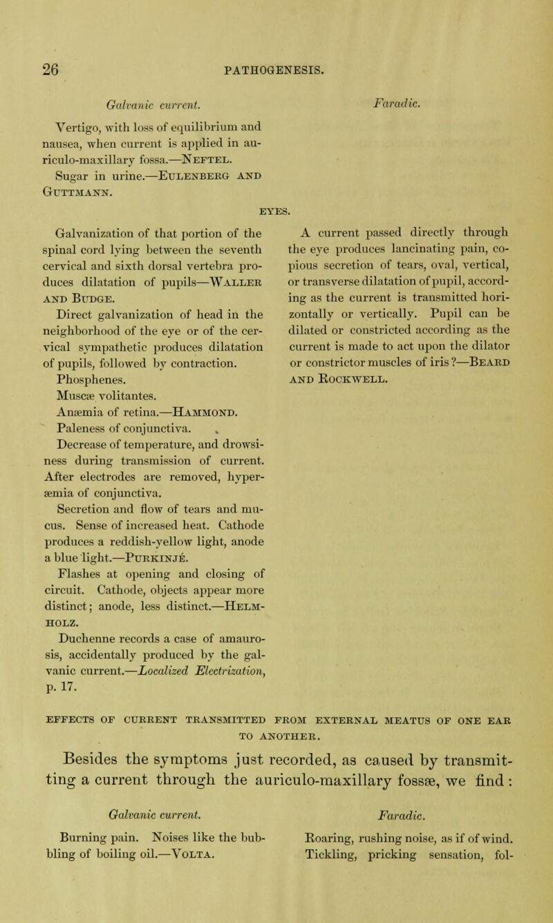 Galvanic current. Vertigo, with loss of equilibrium and nausea, when current is applied in au- riculo-maxillary fossa.—Neftel. Sugar in urine.—Eulenbero and GuTTMANN. Faradic. Galvanization of that portion of the spinal cord lying between the seventh cervical and sixth dorsal vertebra pro- duces dilatation of pupils—Waller and Budge. Direct galvanization of head in the neighborhood of the eye or of the cer- vical sympathetic produces dilatation of pupils, followed by contraction. Phosphenes. Muscse volitantes. Anaemia of retina.—Hammond. Paleness of conjunctiva. ,, Decrease of temperature, and drowsi- ness during transmission of current. After electrodes are removed, hyper- emia of conjunctiva. Secretion and flow of tears and mu- cus. Sense of increased heat. Cathode produces a reddish-yellow light, anode a blue light.—Purkinje. Flashes at opening and closing of circuit. Cathode, objects appear more distinct; anode, less distinct.—Helm- holz. Duchenne records a case of amauro- sis, accidentally produced by the gal- vanic current.—Localized Electrization, p. 17. A current passed directly through the eye produces lancinating pain, co- pious secretion of tears, oval, vertical, or transverse dilatation of pupil, accord- ing as the current is transmitted hori- zontally or vertically. Pupil can be dilated or constricted according as the current is made to act upon the dilator or constrictor muscles of iris ?—Beard and Rockwell. effects op current transmitted from external meatus of one ear to another. Besides the symptoms just recorded, as caused by transmit- ting a current through the auriculo-maxillary fossa?, we find : Galvanic current. Burning pain. Noises like the bub- bling of boiling oil.—Volta. Faradic. Roaring, rushing noise, as if of wind. Tickling, pricking sensation, fol-