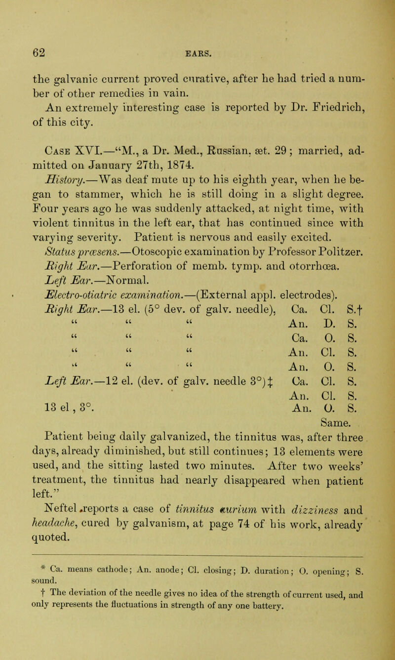 the galvanic current proved curative, after he had tried a num- ber of other remedies in vain. An extremely interesting case is reported by Dr. Friedrich, of this city. Case XVI.—M., a Dr. Med., Russian, set. 29 ; married, ad- mitted on January 27th, 1874. History.—Was deaf mute up to his eighth year, when he be- gan to stammer, which he is still doing in a slight degree. Four years ago he was suddenly attacked, at night time, with violent tinnitus in the left ear, that has continued since with varying severity. Patient is nervous and easily excited. Status prcesens.—Otoscopic examination by Professor Politzer. Right Ear.—Perforation of memb. tymp. and otorrhcea. Left Ear.—Normal. Electro-otiatric examination.—(External appl. electrodes). Eight Ear.—IS el. (5° dev. of galv. needle), Ga. CI. S.f An. D. s. Ca. 0. s. An. CI. s. An. 0. s. Ca. CI. s. An. CI. s. An. 0. s. Left Ear.—12 el. (dev. of galv. needle 3°)% 13 el, 3°. Same. Patient being daily galvanized, the tinnitus was, after three days, already diminished, but still continues; 13 elements were used, and the sitting lasted two minutes. After two weeks' treatment, the tinnitus had nearly disappeared when patient left. JSTeftel .reports a case of tinnitus murium with dizziness and headache, cured by galvanism, at page 74 of his work, already quoted. * Ca. means cathode; An. anode; CI. closing; D. duration; O. opening; S. sound. t The deviation of the needle gives no idea of the strength of current used, and only represents the fluctuations in strength of any one battery.