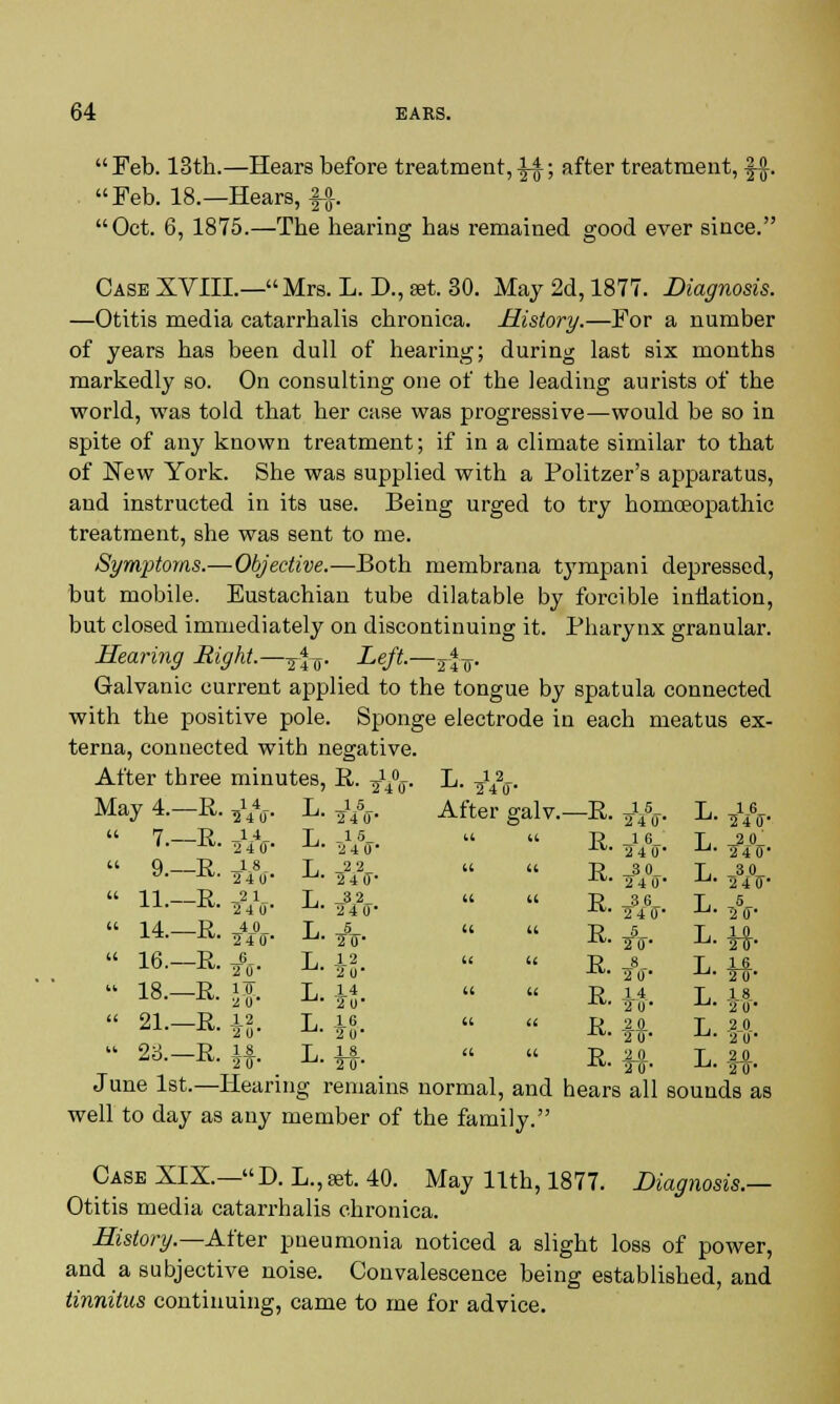 Feb. 13th.—Hears before treatment,^; after treatment, f$. Feb. 18.—Hears, §£ Oct. 6, 1875.—The hearing has remained good ever since. CaseXVIIL—Mrs. L. D., set. 30. May 2d, 1877. Diagnosis. —Otitis media catarrhalis chronica. History.—For a number of years has been dull of hearing; during last six months markedly so. On consulting one of the leading aurists of the world, was told that her case was progressive—would be so in spite of any known treatment; if in a climate similar to that of New York. She was supplied with a Politzer's apparatus, and instructed in its use. Being urged to try homoeopathic treatment, she was sent to me. Symptoms.—Objective.—Both membrana tympani depressed, but mobile. Eustachian tube dilatable by forcible inflation, but closed immediately on discontinuing it. Pharynx granular. Hearing Bight.—^. Left.—T^. Galvanic current applied to the tongue by spatula connected with the positive pole. Sponge electrode in each meatus ex- terna, connected with negative. After three minutes, R. ^s. L. -£fc. tJ,5u- After galv.—E. May 4. -R. 14 341T L.  7.- -R. 14 240* L.  9.- -R. 18 2 4 0* L.  11.- -R. 2 1 124 0 L.  14.- -R. 40 2 4 0' L.  16.- -R. 6 2S' L.  18.- -R. 10 2 0* L.  21.- -R. 12 20* L.  23.- -R. 1.8. 97T* L. R. R. R. 15 240 L. 16 2 4 IT' 1 6 2 4 0 L. 20' 2 4(7' 30 24 0' L. 30 2 4~0~' 36 2 4 IT L. 5 2 0- _15_ u i 2 4 0* 22 Hi 2 4(T- _3_2_ u l t-   R.5V L.^. «■   ^-A- L.M- *{■   &-H- L.if M-   R.fg. L.fs. June 1st.—Hearing remains normal, and hears all sounds as well to day as any member of the family. Case XIX—D. L., set. 40. May 11th, 1877. Diagnosis.— Otitis media catarrhalis chronica. History.— After pneumonia noticed a slight loss of power, and a subjective noise. Convalescence being established, and tinnitus continuing, came to me for advice.