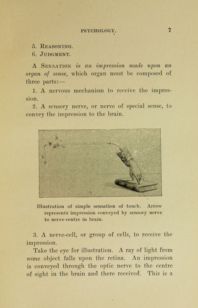 5. Reasoning. C. Judgment. A Sensation is an impression made upon an organ of sense, which organ must he composed of three parts:— 1. A nervous mechanism to receive the impres- sion. 2. A sensory nerve, or nerve of special sense, to convey the impression to the brain. Illustration of simple sensation of touch. Arrow represents impression conveyed by sensory nerve to nerve-centre in brain. 3. A nerve-cell, or group of cells, to receive the impression. Take the eye for illustration. A ray of light from some object falls upon the retina. An impression is conveyed through the optic nerve to the centre of sight in the brain and there received. This is a