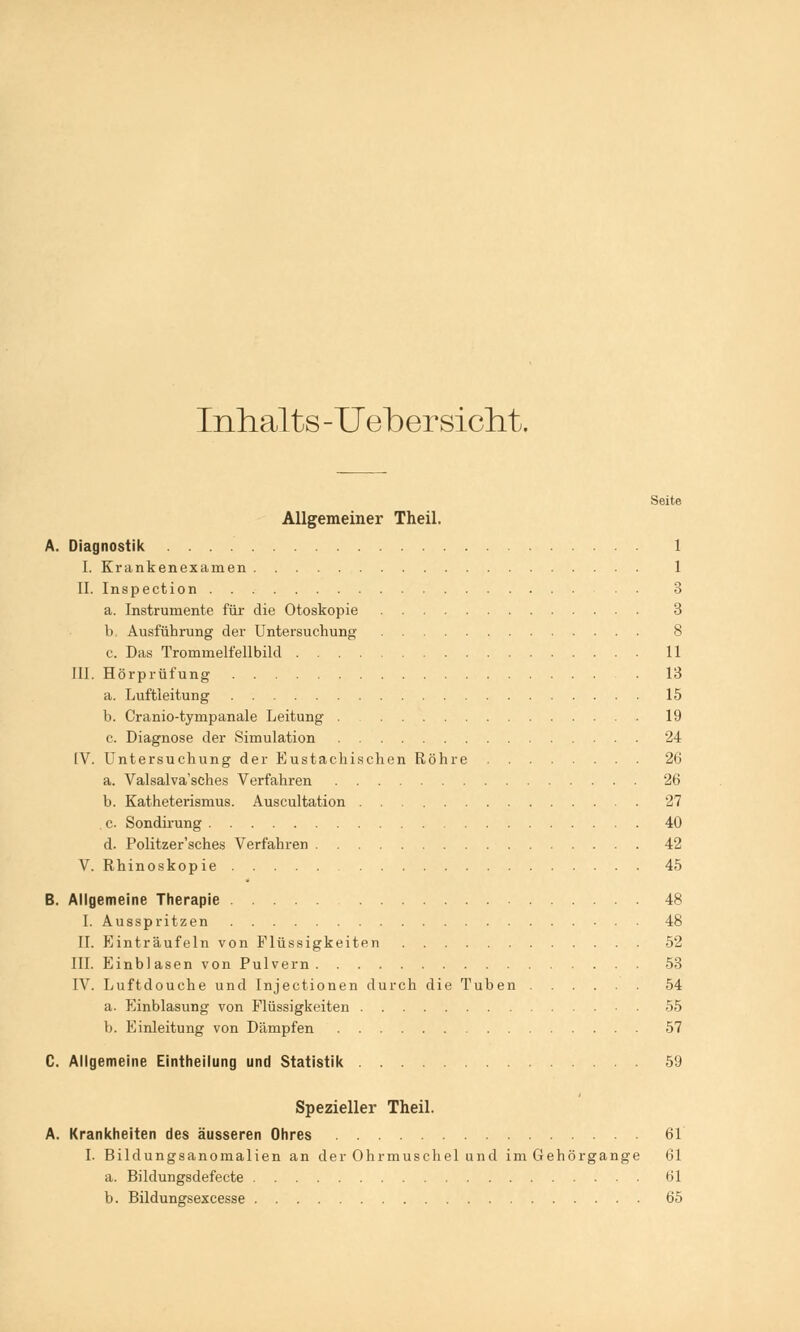 Inhalts-Uebersicht. Seite Allgemeiner Theil. A. Diagnostik 1 I. Krankenexanien 1 II. Inspection . . 3 a. Instrumente für die Otoskopie 3 b. Ausführung der Untersuchung 8 c. Das Trommelfellbild 11 III. Hörprüfung 13 a. Luftleitung 15 b. Cranio-tympanale Leitung . 19 c. Diagnose der Simulation 24 IV. Untersuchung der Eustachischen Röhre 26 a. Valsalva'sches Verfahren 26 b. Katheterismus. Auscultation 27 c Sondirung 40 d. Politzer'sches Verfahren 42 V. Rhinoskopie 45 B. Allgemeine Therapie 48 I. Ausspritzen 48 II. Einträufeln von Flüssigkeiten 52 III. Einblasen von Pulvern 53 IV. Luftdouche und Injectionen durch die Tuben 54 a. Einblasung von Flüssigkeiten 55 b. Einleitung von Dämpfen 57 C. Allgemeine Eintheilung und Statistik 5'J Spezieller Theil. A. Krankheiten des äusseren Ohres 61 I. Bildungsanomalien an der Ohrmuschel und im Gehörgange 61 a. Bildungsdefecte t>l b. Bildungsexcesse 65
