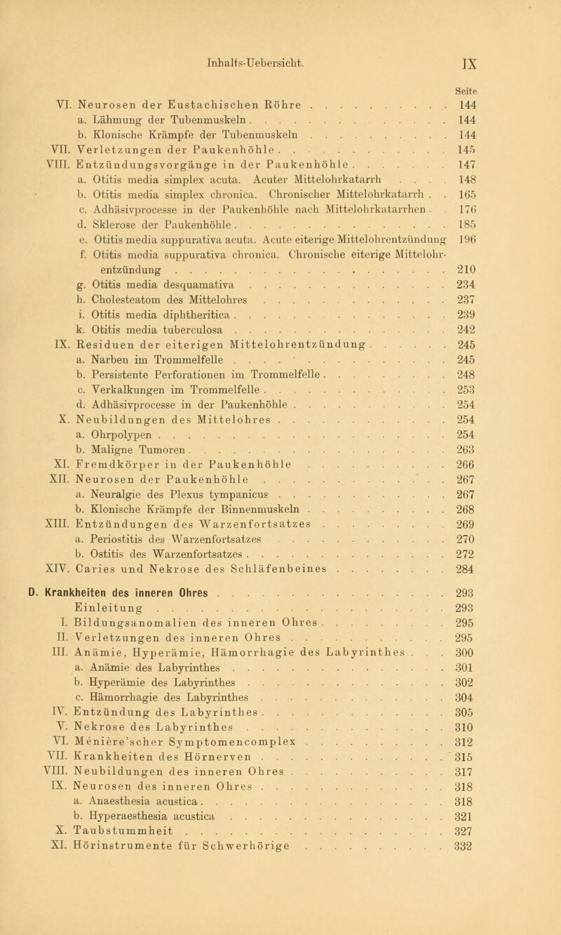 Seite VI. Neurosen der Eustachischen Röhre 144 a. Lähmung der Tubenmuskeln 144 b. Klonische Krämpfe der Tubenmuskeln 144 VII. Verletzungen der Paukenhöhle 145 VIII. Entzündungsvorgänge in der Paukenhöhle 147 a. Otitis media simplex acuta. Acuter Mittelohrkatarrh .... 148 b. Otitis media simplex chronica. Chronischer Mittelohrkatarrh . . 165 c. Adhäsivprocesse in der Paukenhöhle nach MitteloIii'k;itarrhen . 176 d. Sklerose der Paukenhöhle 185 e. Otitis media suppurativa acuta. Acute eiterige Mittelohrentzündung 196 f. Otitis media suppurativa chronica. Chronische eiterige Mittelohr- entzündung 210 g. Otitis media desquamativa 234 h. Cholesteatom des Mittelohres 237 i. Otitis media diphtheritica 239 k. Otitis media tuberculosa 242 IX. Residuen der eiterigen Mittelohrentzündung 245 a. Narben im Trommelfelle .... 245 b. Persistente Perforationen im Trommelfelle 248 c. Verkalkungen im Trommelfelle 253 d. Adhäsivprocesse in der Paukenhöhle 254 X. Neubildungen des Mittelohres 254 a. Ohrpolypen 254 b. Maligne Tumoren 263 XI. Fremdkörper in der Paukenhöhle 266 XII. Neurosen der Paukenhöhle 267 a. Neuralgie des Plexus tympanicus 267 b. Klonische Krämpfe der Binnenuiuskeln 268 XIII. Entzündungen des Warzenfortsatzes 269 a. Periostitis des Warzenfortsatzes 270 b. Ostitis des Warzenfortsatzes 272 XIV. Caries und Nekrose des Schläfenbeines 284 Krankheiten des inneren Ohres 293 Einleitung 293 I. Bildungsanomalien des inneren Ohres 295 II. Verletzungen des inneren Ohres 295 III. Anämie, Hyperämie, Hämorrhagie des Labyrinthes . . . 300 a. Anämie des Labyrinthes 301 b. Hyperämie des Labyrinthes 302 c. Hämorrhagie des Labyrinthes 304 IV. Entzündung des Labyrinthes 305 V. Nekrose des Labyrinthes 310 VI. Meniere'scher Symptomencomplex 312 VII. Krankheiten des Hörnerven 315 VIII. Neubildungen des inneren Ohres 317 LX. Neurosen des inneren Ohres 318 a. Anaesthesia acustica 318 b. Hyperaesthesia acustica 321 X. Taubstummheit 327 XI. Hörinstrumente für Schwerhörige 332