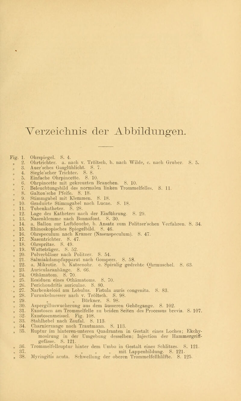 Verzeichnis der Abbildungen. Fig. 1. Ohrspiegel. S. 4. „ 2. Ohrtrichter, a. nach v. Tröltsch. b. nach Wilde, c. nach Gruber. S. 5. 3. Auer'sches Gasglühlicht. S. 7. „ 4. Siegle'scher Trichter. S. 8. 5. Einfache Ohrpincette. S. 10. „ 6. Ohrpincette mit gekreuzten Branchen. S. 10. „ 7. Beleuchtungsbild des normalen linken Trommelfelles. S. 11. „ 8. Galton'sche Pfeife. S. 18- „ 9. Stimmgabel mit Klemmen. S. 18. .. 10- Graduirte Stimmgabel nach Lucae. S. 18. . 11. Tubenkatheter. S. 28. ,, 12. Lage des Katheters nach der Einführung. S. 29. . 13. Nasenklemme nach Bonnafont. S. 30. „ 14. a. Ballon zur Luftdouche, b. Ansatz zum Politzer'schen Verfahren, S. 34. „ 15. Rhinoskopisches Spiegelbild. S. 46. „ 16. Ohrspeculum nach Kramer (Nasenspeculum). S. 47. „ 17. Nasentrichter. S. 47. , 18. Ohrspritze. S. 49. , 19. Watteträger. S. 52. ,, 20. Pulverbläser nach Politzer. S. 54. , 21. Salmiakdampfapparat nach Gomperz. S. 58. „ 22. a, Mikrotie. b. Katzenohr. c. Spiralig gedrehte Ohrmuschel. S. 63- „ 23. Auricularanhänge. S. 66. „ 24. Othämatom. S. 70. „ 25. Residuen eines Othämatoms. S. 70. „ 26. Perichondritis auriculae. S. 80. •. 27. Narbenkeloid am Lobulus. Fistula auris congenita. S. 83. „ 28. Furunkelmesser nach v. Tröltsch. S. 98. „29. „ „ Bürkner. S. 98. .. 30. Aspergilluswucherung aus dem äusseren Gehörgange. S. 102. „ 31. Exostosen am Trommelfelle zu beiden Seiten des Processus brevis. S. 107. . 32. Exostosemneissel. Fig. 108. , 33. Stahlhebel nach Zaufal. S. 113- . 34. Chamierzange nach Trautmann. S. 113. , 35. Ruptur im hiuteren-unteren Quadranten in Gestalt eines Loches; Ekchy- mosiruug in der Umgebung desselben: Injection der Hammergrifl- gefässe. S. 121. . 36. Trommelfellruptur hinter dem Umbo in Gestalt eines Schlitzes. S. 121. - 37. :. T mit Lappenbildung. S. 121- „ 38. Mvrincritis acuta. Schwellung- der oberen Trommelfellhälfte. S. 125.