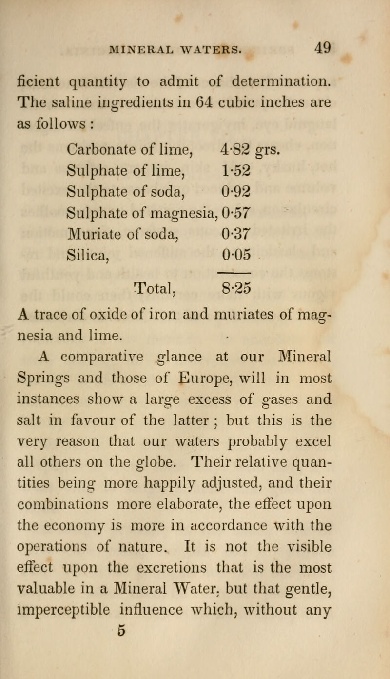 ficient quantity to admit of determination. The saline ingredients in 64 cubic inches are follows : Carbonate of lime, 4-82 grs. Sulphate of lime, 1-52 Sulphate of soda, 0-92 Sulphate of magnesia ,0-57 Muriate of soda, 0-37 Silica, 005 Total, 8-25 A trace of oxide of iron and muriates of ma^ nesia and lime. A comparative glance at our Mineral Springs and those of Europe, will in most instances show a large excess of gases and salt in favour of the latter ; but this is the very reason that our waters probably excel all others on the globe. Their relative quan- tities being more happily adjusted, and their combinations more elaborate, the effect upon the economy is more in accordance with the operations of nature. It is not the visible effect upon the excretions that is the most valuable in a Mineral Water, but that gentle, imperceptible influence which, without any 5