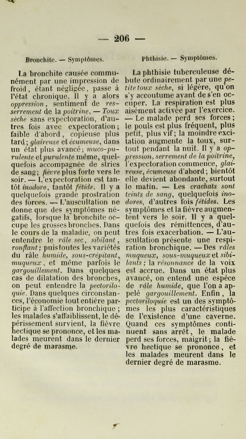 Bronchite. — Symptômes. La bronchite causée commu- nément par une impression de froid, étant négligée, passe à l'état chronique. Il y a alors oppression, sentiment de res- serrement de la poitrine. — Toux sèche sans expectoration, d'au- tres fois avec expectoration ; faible d'abord, copieuse plus tard ; glaireuse et écumeuse, dans un état plus avancé; muco-pu- rulente eipurulente même, quel- quefois accompagnée de stries de sang; fièvre p\us forte vers le soir.— L'expectoration est tan- tôt inodore, tantôt fétide. 11 y a quelquefois grande prostration des forces. — L'auscultation ne donne que des symptômes né- gatifs, lorsque la bronchite oc- cupe les grosses bronches. Dans le cours de la maladie, on peut entendre le râle sec, sibilant, ronflant; puis toutes les variétés du râle humide, sous-crépitant, muqueux, et même parfois le gargouillement. Dans quelques cas de dilatation des bronches, on peut entendre la pectorilo- quie. Dans quelques circonstan- ces, l'économie tout entière par- ticipe à l'affection bronchique ; les malades s'affaiblissent, le dé- périssement survient, la fièvre hectique se prononce, et les ma- lades meurent dans le dernier degré de marasme. Phtliisie. — Symptômes. La phthisie tuberculeuse dé- bute ordinairement par une pe- tite toux sèche, si légère, qu on s'y accoutume avant de s'en oc- cuper. La respiration est plus aisément activée par l'exercice. — Le malade perd ses forces ; le pouls est plus fréquent, plus petit, plus vif; la moindre exci- tation augmente la toux, sur- tout pendant la nuit. 11 y a op- pression, serrement de la poitrine, l'expectoration commence, glai- reuse, écumeuse d'abord; bientôt elle devient abondante, surtout le matin. — Les crachats sont teints de sang, quelquefois ino- dores, d'autres fois fétides. Les symptômes et la fièvre augmen- tent vers le soir. 11 y a quel- quefois des rémittences, d'au- tres fois exacerbation. — L'au- scultation présente une respi- ration bronchique. —Des râles muqueux, sous-muqueux et sibi- lants ; la résonnance de la voix est accrue. Dans un état plus avancé, on entend une espèce de râle humide, que l'on a ap- pelé gargouillement. Enfin , la pcctoriloquie est un des symptô- mes les plus caractéristiques de l'existence d'une caverne. Quand ces symptômes conti- nuent sans arrêt, le malade perd ses forces, maigrit ; la fiè- vre hectique se prononce, et les malades meurent dans le dernier degré de marasme.