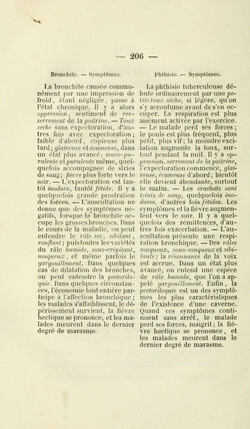 Bronchite. — Symptômes. La bronchite causée commu- nément par une impression de froid, étant négligée, passe à l'état chronique. Il y a alors oppression, sentiment de res- serrement de la poitrine. — Toux sèche sans expectoration, d'au- tres fois avec expectoration ; faible d'abord, copieuse plus tard; glaireuse etécumeuse, dans un état plus avancé; muco-pu- rulente et purulente même, quel- quefois accompagnée de stries de sang; fièvre plus forte vers le soir.— L'expectoration est tan- tôt inodore, tantôt fétide. 11 y a quelquefois grande prostration des forces. — L'auscultation ne donne que des symptômes né- gatifs, lorsque la bronchite oc- cupe les grosses bronches. Dans le cours de la maladie, on peut entendre le râle sec, sibilant, ronflant; puis toutes les variétés du râle humide, sous-crépitant, muqueux, et même parfois le gargouillement. Dans quelques cas de dilatation des bronches, on peut entendre la pectorilo- quie. Dans quelques circonstan- ces, l'économie tout entière par- ticipe à l'affection bronchique ; les malades s'affaiblissent, le dé- périssement survient, la fièvre hectique se prononce, et les ma- lades meurent dans le dernier degré de marasme. Phthisie. — Symptômes. Laphthisie tuberculeuse dé- bute ordinairement par une pe- tite toux sèche, si légère, qu'on s'y accoutume avant de s'en oc- cuper. La respiration est plus aisément activée par l'exercice. — Le malade perd ses forces ; le pouls est plus fréquent, plus petit, plus vif; la moindre exci- tation augmente la toux, sur- tout pendant la nuit. Il y a op- pression, serrement de la poitrine, l'expectoration commence, glai- veuse, écumeuse d'abord ; bientôt elle devient abondante, surtout le matin. — Les crachats sont teints de sang, quelquefois ino- dores, d'autres fois fétides. Les symptômes et la lièvre augmen- tent vers le soir. 11 y a quel- quefois des rémittences, d'au- tres fois exacerbation. — L'au- scultation présente une respi- ration bronchique.—Des râles muqueux, sous-muqueux et sibi- lants ; la résounance de la voix est accrue. Dans un état plus avancé, on entend une espèce de râle humide, que l'on a ap- pelé gargouillement. Enfin , la pcctoriloquie est un des symptô- mes les plus caractéristiques de l'existence d'une caverne. Quand ces symptômes conti- nuent sans arrêt, le malade perd ses forces, maigrit ; la fiè- vre hectique se prononce, et les malades meurent dans le dernier degré de marasme.