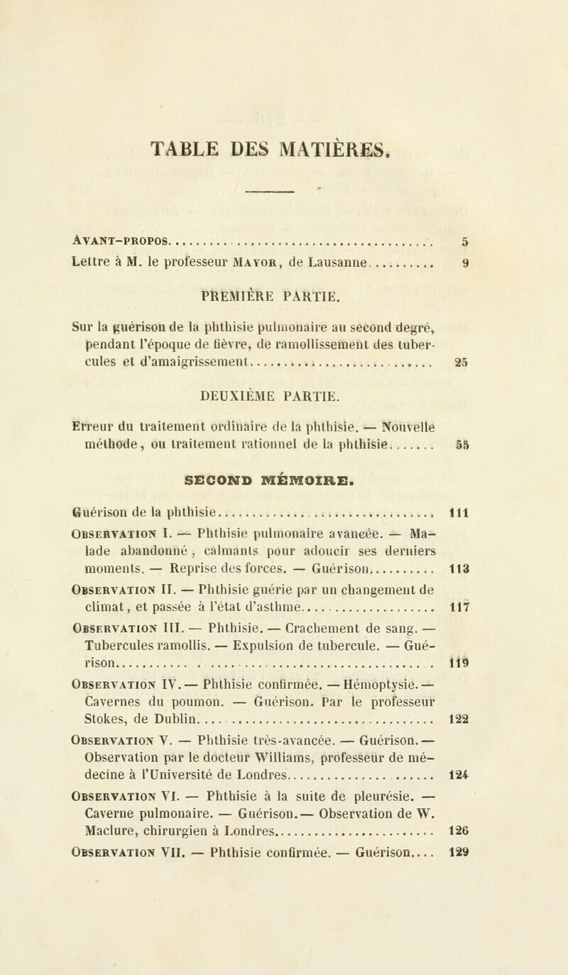 TABLE DES MATIÈRES. Avant-propos 5 Lettre à M. le professeur Mayor, de Lausanne 9 PREMIÈRE PARTIE. Sur la guérison de la phthisie pulmonaire au second degré, pendant l'époque de lièvre, de ramollissement des tuber- cules et d'amaigrissement 25 DEUXIÈME PARTIE. Erreur du traitement ordinaire de la phthisie. — Nouvelle méthode, ou traitement rationnel de la phthisie 55 SECOND MÉMOIRE. Guérison de la phthisie 111 Observation I. — Phthisie pulmonaire avancée. — Ma- lade abandonné , calmants pour adoucir ses derniers moments. — Reprise des forces. — Guérison 113 Observation II. — Phthisie guérie par un changement de climat, et passée à l'étal d'asthme 117 Observation III. — Phthisie. — Crachement de sang. — Tubercules ramollis. — Expulsion de tubercule. — Gué- rison.... llfl Observation IV.— Phthisie confirmée. —Hémoptysie.— Cavernes du poumon. — Guérison. Par le professeur Stokes, de Dublin 122 Observation V. — Phthisie très-avancée. — Guérison.— Observation par le docteur Williams, professeur de mé- decine à l'Université de Londres 124 Observation VI. — Phthisie à la suite de pleurésie. — Caverne pulmonaire. — Guérison.— Observation de W. Maclure, chirurgien à Londres 126 Observation VIL — Phthisie confirmée. — Guérison 129