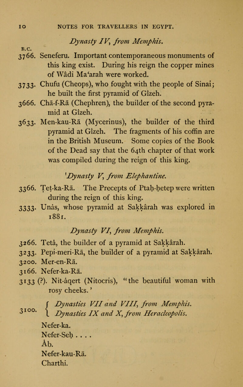 Dynasty IV, from Memphis. B.C. 3766. Seneferu. Important contemporaneous monuments of this king exist. During his reign the copper mines of Wadi Ma'arah were worked. 3733. Chufu (Cheops), who fought with the people of Sinai; he built the first pyramid of Gizeh. 3666. Cha-f-Ra (Chephren), the builder of the second pyra- mid at Gizeh. 3633. Men-kau-Ra (Mycerinus), the builder of the third pyramid at Gizeh. The fragments of his coffin are in the British Museum. Some copies of the Book of the Dead say that the 64th chapter of that work was compiled during the reign of this king. x Dynasty V, from Elephantine. 3366. Tet-ka-Ra. The Precepts of Ptah-hetep were written during the reign of this king. 3333. Unas, whose pyramid at Sakkarah was explored in 1881. Dynasty VI, from Memphis. 3266. Teta, the builder of a pyramid at Sakkarah. 3233. Pepi-meri-Ra, the builder of a pyramid at Sakkarah. 3200. Mer-en-Ra. 3166. Nefer-ka-Ra. 3r33 (?)• Nit-aqert (Nitocris), the beautiful woman with rosy cheeks.' 100. {Dynasties VII and VIII, from Memphis. Dynasties IX and X, from Herackopolis. Nefer-ka. Nefer-Seh .... Ab. Nefer-kau-Ra. Charthi.