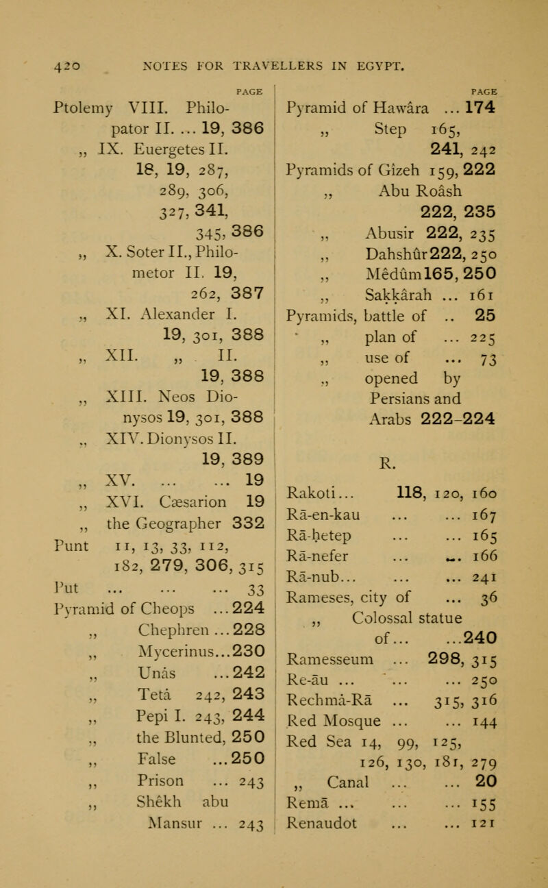 Ptolemy VIII. Philo- pator II. ... 19, 386 ,, IX. EuergetesII. 18, 19, 287, 289. 306, 327,341, 345. 386 „ X. SoterII.,Philo- metor II. 19, 262, 387 ., XI. Alexander I. 19, 301, 388 „ XII. „ II. 19, 388 „ XIII. Neos Dio- nysosl9, 301, 388 „ XIV. Dionysos II. 19, 389 „ XV 19 „ XVI. Caesarion 19 „ the Geographer 332 11, i3, 33? 2, 182, 279, 306, 315 Punt Put 33 Pyramid of Cheops ... 224 Chcphren...228 Mycerinus...230 Unas ...242 Teta 242, 243 Pepi I. 243, 244 the Blunted, 250 False ...250 Prison ... 243 Shekh abu Mansur ... 243 PAGE Pyramid of Hawara ... 174 Step 165, 241, 242 Pyramids of Gizeh 159, 222 „ Abu Roash 222, 235 Abusir 222, 235 Dahshur222, 250 Meduml65,250 ,, Sakkarah ... 161 Pyramids, battle of .. 25 „ plan of •■•225 use of ... 73 ., opened by Persians and Arabs 222-224 R. Rakoti... 118, 120, 160 Ra-en-kau ... ... 167 Ra-hetep ... ... 165 Ra-nefer ... «. 166 Ra-nub... ... ... 241 Rameses, city of ... 36 ,, Colossal statue of 240 Ramesseum ... 298, 315 Re-au ... ... ... 250 Rechma-Ra ... 315, 316 Red Mosque 144 Red Sea 14, 99, 125, 126, 130, i8r, 279 „ Canal 20 Rema 155 Renaudot ... ... 121