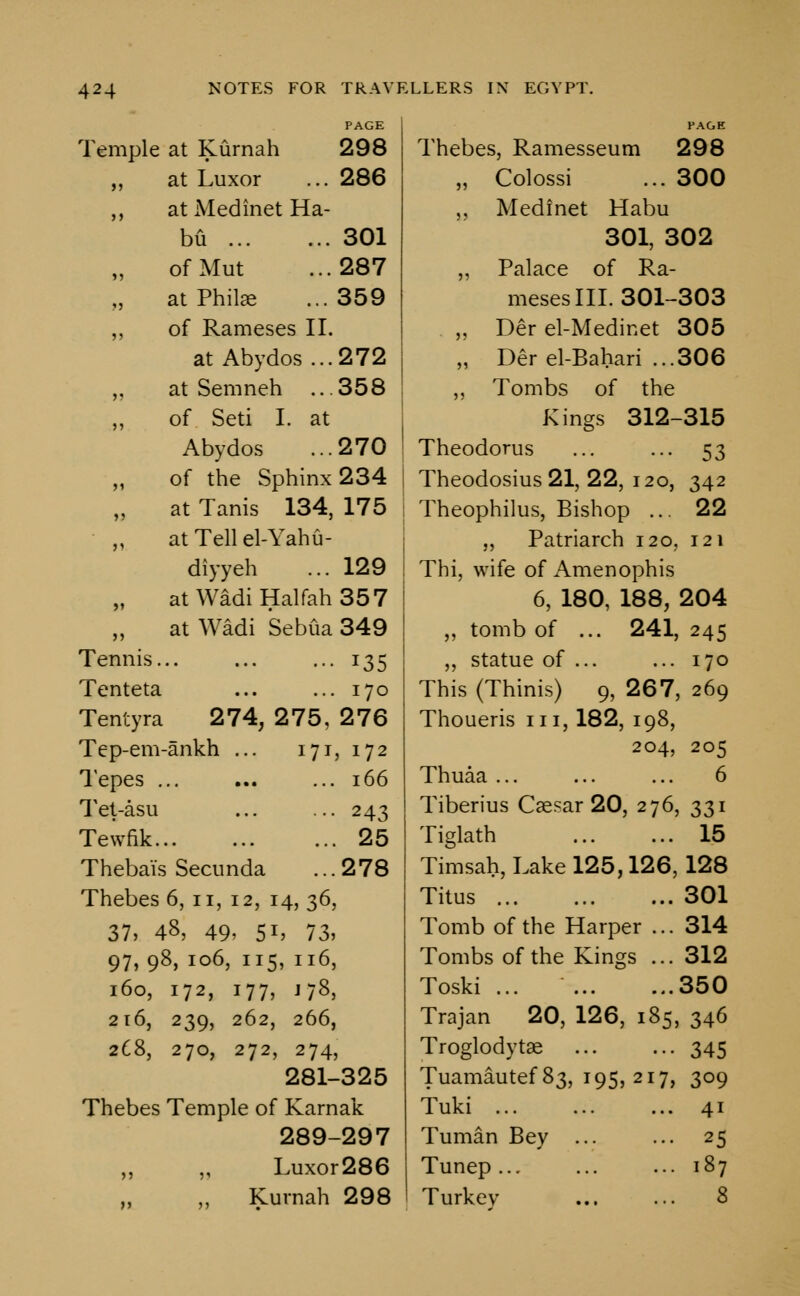 Temple at Kurnah 298 at Luxor ... 286 ,, at Medinet Ha- bu 301 ofMut ...287 at Philse ...359 ,, of Rameses II. at Abydos ...272 „ at Semneh ...358 ,, of Seti I. at Abydos ...270 of the Sphinx 234 at Tanis 134, 175 ,, at Tell el-Yahu- diyyeh ... 129 atWadiHalfah357 „ at Wadi Sebua 349 Tennis... ... ... 135 Tenteta ... ... 170 Tentyra 274, 275, 276 Tep-em-ankh ... 171, 172 Tepes ... ... ... 166 Tet-asu ... ... 243 Tewfik 25 Thebai's Secunda ... 278 Thebes 6, 11, 12, 14, 36, 37, 48, 49> 51, 73, 97, 98, 106, 115, 116, 160, 172, 177, 178, 216, 239, 262, 266, 268, 270, 272, 274, 281-325 Thebes Temple of Karnak 289-297 Luxor286 Kurnah 298 Thebes, Ramesseum 298 „ Colossi ... 300 ,, Medinet Habu 301, 302 „ Palace of Ra- meses III. 301-303 „ Der el-Medinet 305 „ Der el-Bahari ...306 „ Tombs of the Kings 312-315 Theodorus ... ... 53 Theodosius 21, 22, 120, 342 Theophilus, Bishop ... 22 „ Patriarch 120, 121 Thi, wife of Amenophis 6, 180, 188, 204 „ tomb of ... 241, 245 ,, statue of ... ... 170 This (Thinis) 9, 267, 269 Thoueris in, 182, 198, 204, 205 Thuaa ... ... ... 6 Tiberius Caesar 20, 276, 331 Tiglath 15 Timsah, Lake 125,126, 128 Titus 301 Tomb of the Harper ... 314 Tombs of the Kings ... 312 Toski ... 350 Trajan 20, 126, 185, 346 Troglodytae 345 Tuamautef 83, 195, 217, 309 Tuki 41 Tuman Bey ... ... 25 Tunep 187 Turkey ... ... 8