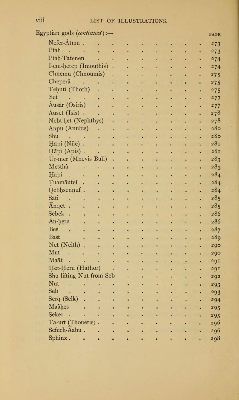 Egyptian gods {continued):— Nefer-Atmu . Ptah . Ptah-Tatenen I-em-hetep (Imouthis) Chnemu (Chnoumis) Chepera. Tehuti (Thoth) . Set . . . Ausar (Osiris) Auset (Isis) . Nebt-het (Nephthys) Anpu (Anubis) Shu Hapi (Nile) . Hapi (Apis) . Ur-mer (Mnevis Bull) Mestha Hapi Tuamautef . Qebhsennuf . Sati Anqet . Sebek . An-heru Bes . . . Bast Net(Neith) . Mut . Maat . Het-Heru (Hathor) Shu lifting Nut from Seb Nut Seb Serq (Selk) . Maahes Seker . Ta-urt (Thouerisj Sefech-Aabu . Sphinx. .