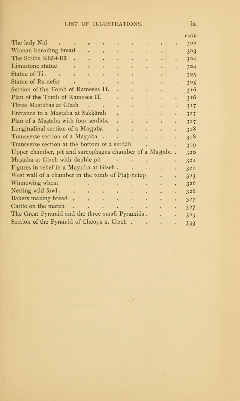 The lady Nai Woman kneading bread The Scribe Kha-f-Ra . Limestone statue Statue of Ti. Statue of Ra-nefer Section of the Tomb of Rameses IL Plan of the Tomb of Rameses II. Three Mastabas at Gizeh Entrance to a Mastaba at Sakkarah Plan of a Mastaba with four serdabs Longitudinal section of a Mastaba Transverse section of a Mastaba . Transverse section at the bottom of a serdab Upper chamber, pit and sarcophagus chamber of i Mastaba at Gizeh with double pit Figures in relief in a Mastaba at Gizeh . West wall of a chamber in the tomb of Ptah-hetep Winnowing wheat ..... Netting wild fowl Bakers making bread ..... Cattle on the march ..... The Great Pyramid and the three small Pyramids Section of the Pyramid of Cheops at Gizeh Mastaba PAGE 302 304 304 305 305 316 316 317 317 317 318 318 319 320 321 322 326 326 327 327 329